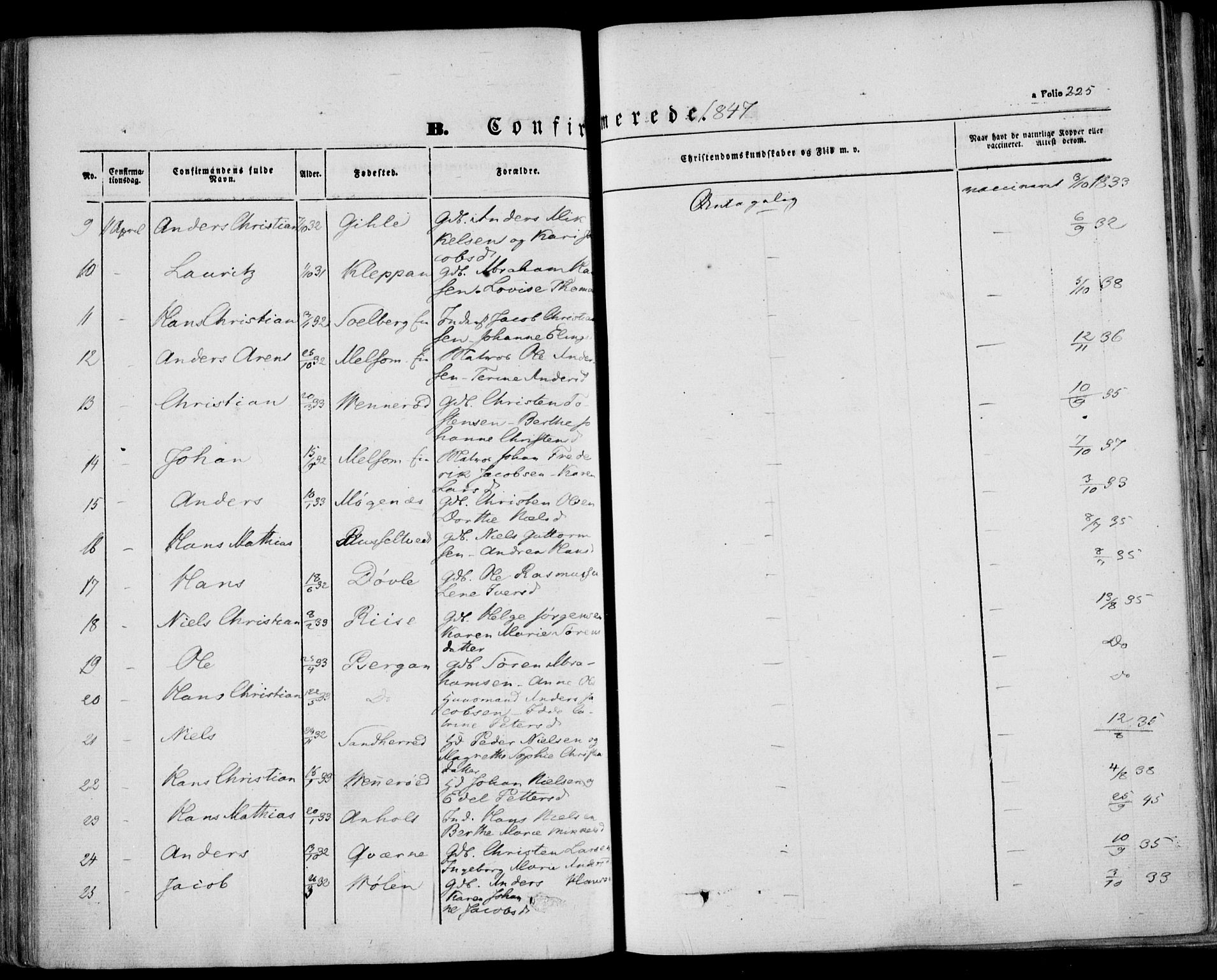 Stokke kirkebøker, AV/SAKO-A-320/F/Fa/L0007: Parish register (official) no. I 7, 1844-1857, p. 225