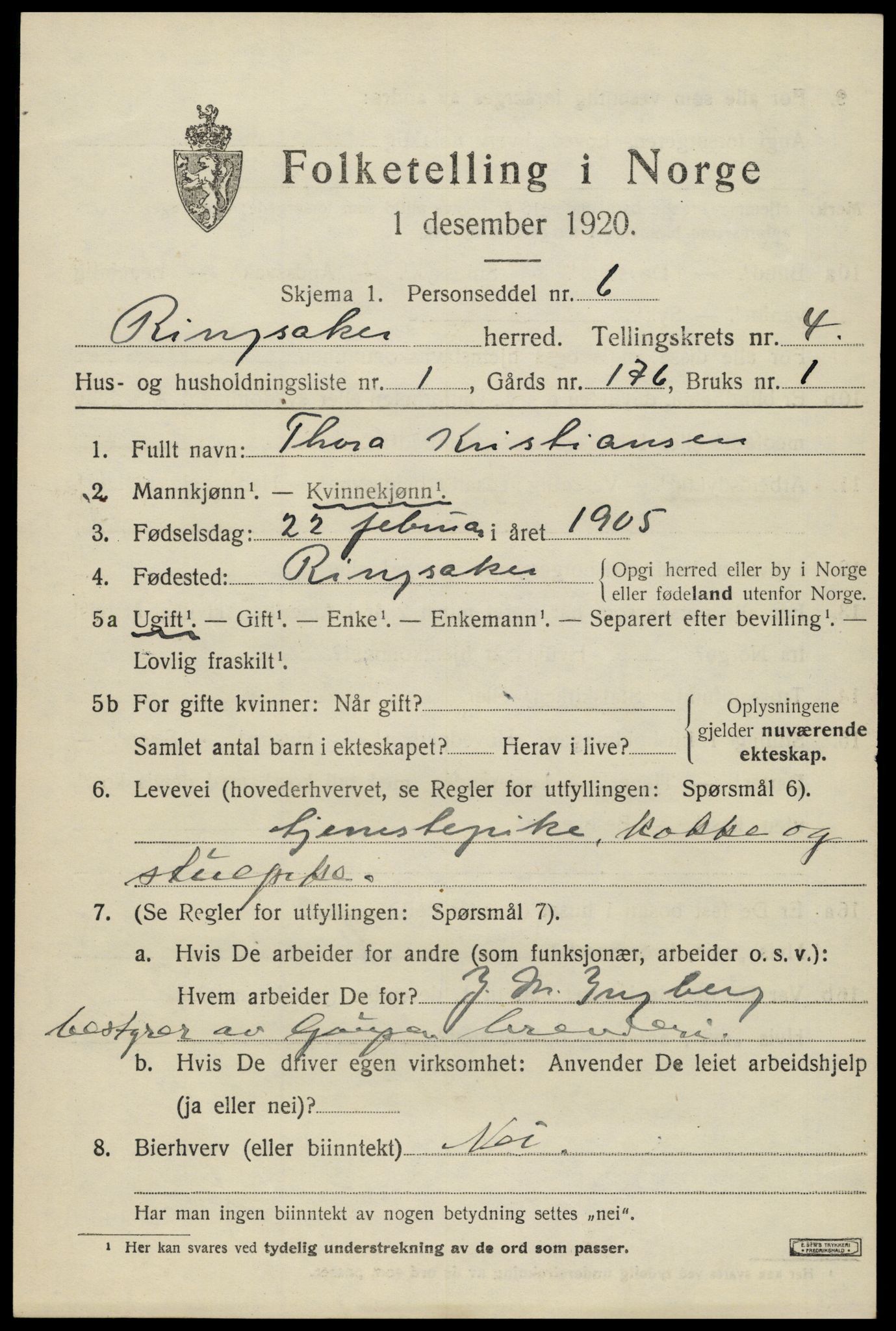 SAH, 1920 census for Ringsaker, 1920, p. 8574