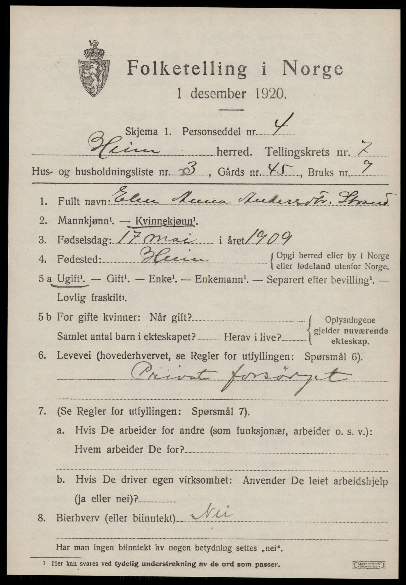 SAT, 1920 census for Heim, 1920, p. 3181