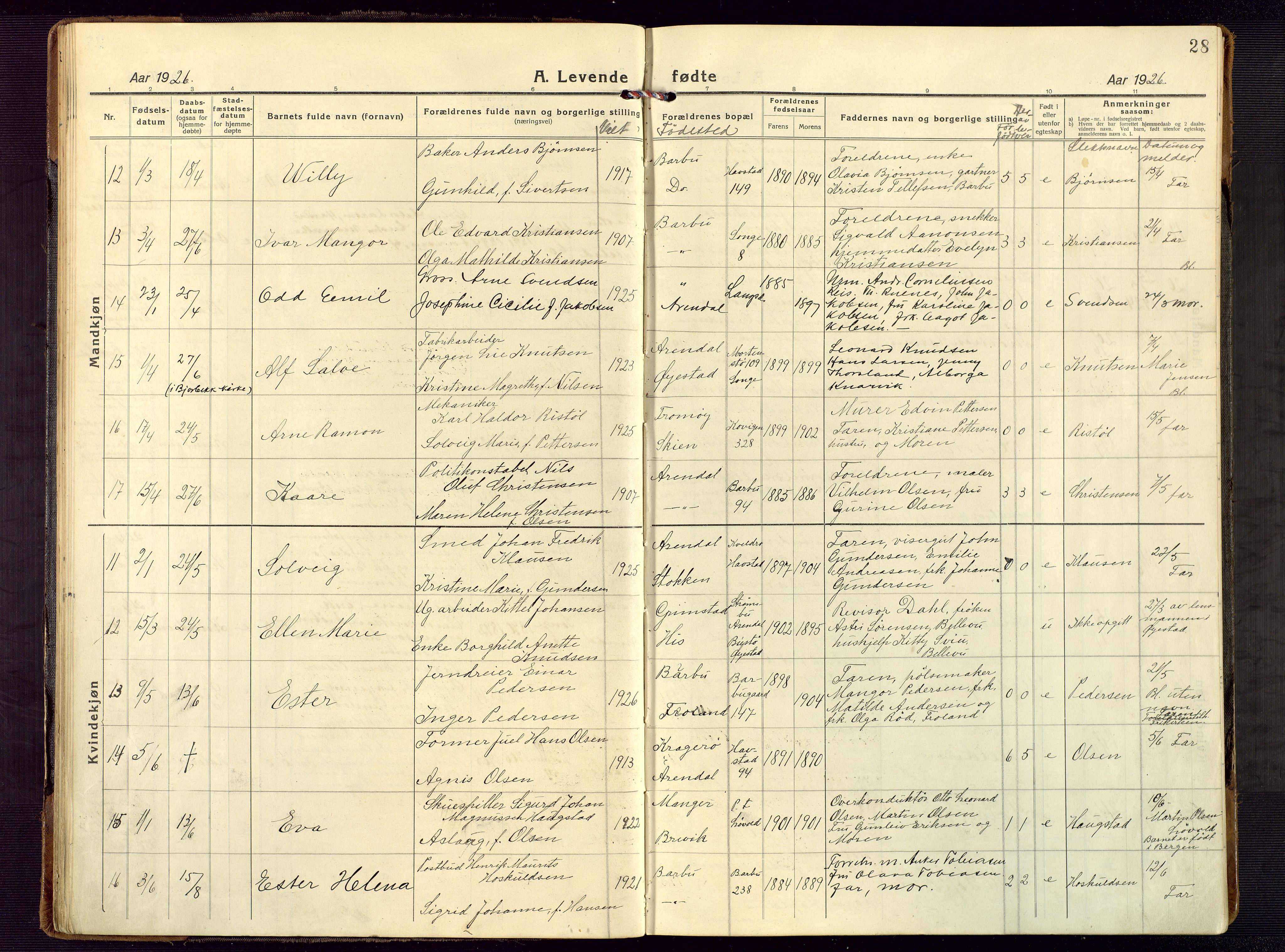 Barbu sokneprestkontor, AV/SAK-1111-0003/F/Fb/L0005: Parish register (copy) no. B 5, 1923-1946, p. 28