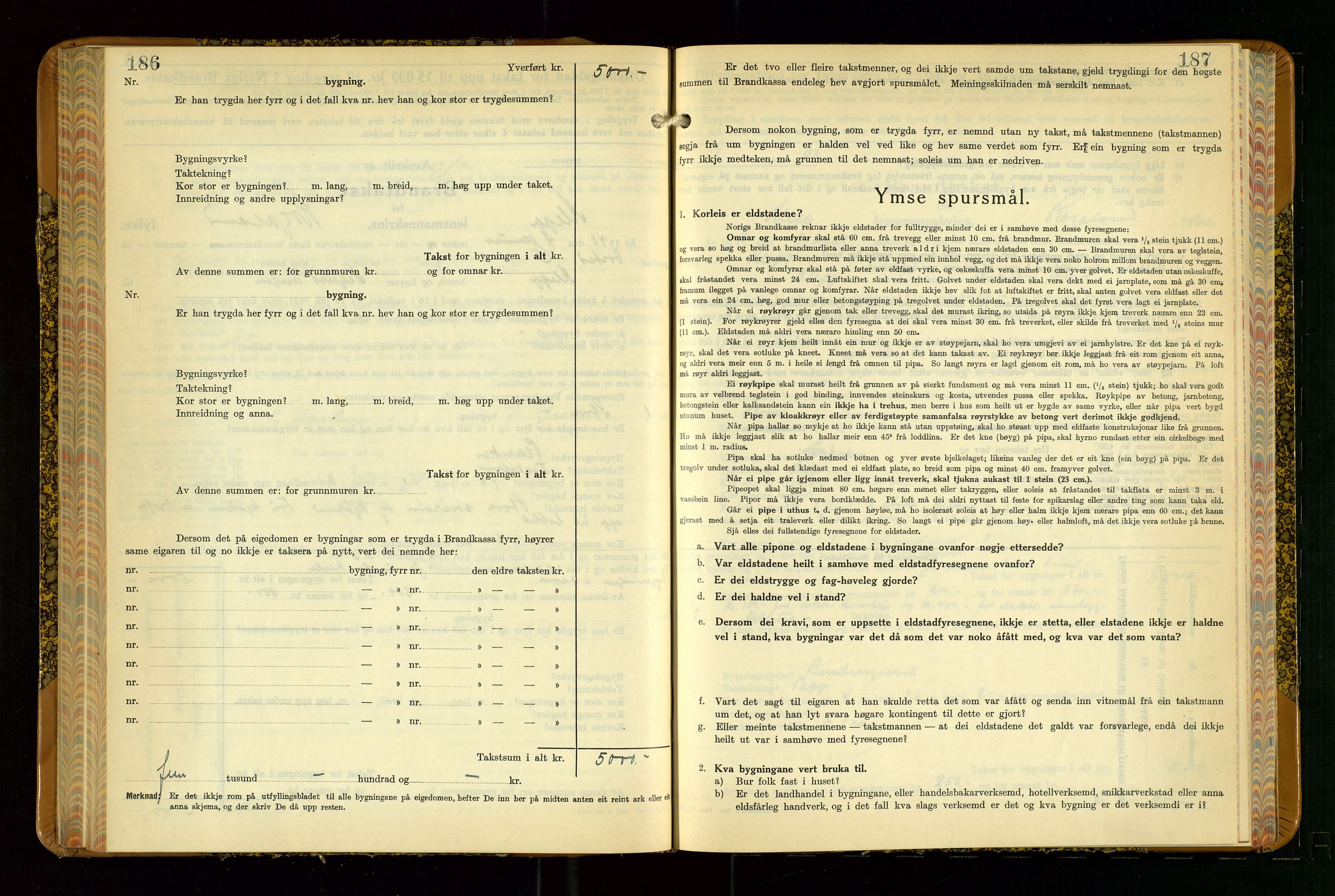 Klepp lensmannskontor, SAST/A-100163/Goc/L0015: "Branntakstbok" m/register, 1939-1947, p. 186-187