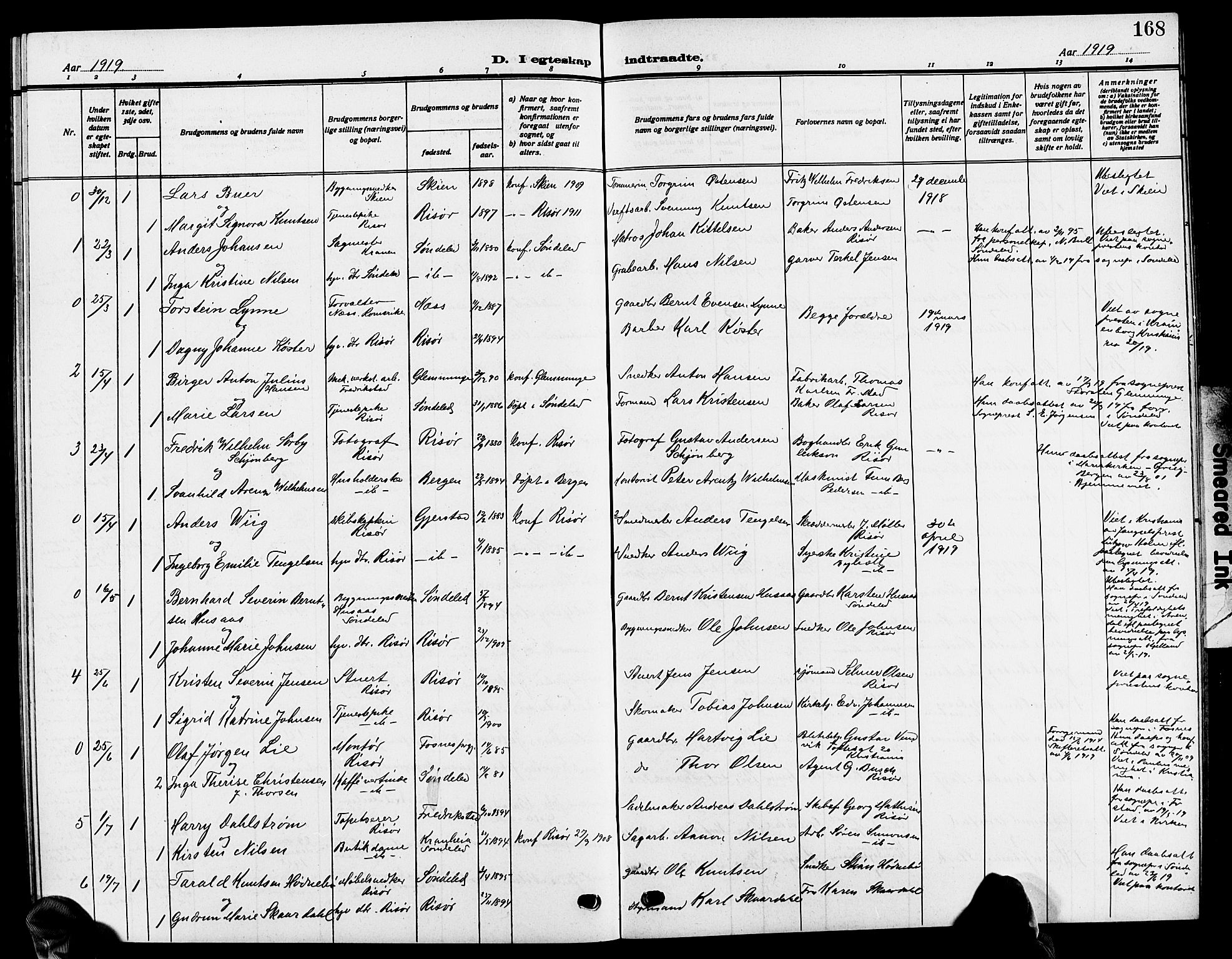 Risør sokneprestkontor, SAK/1111-0035/F/Fb/L0008: Parish register (copy) no. B 8, 1909-1921, p. 168