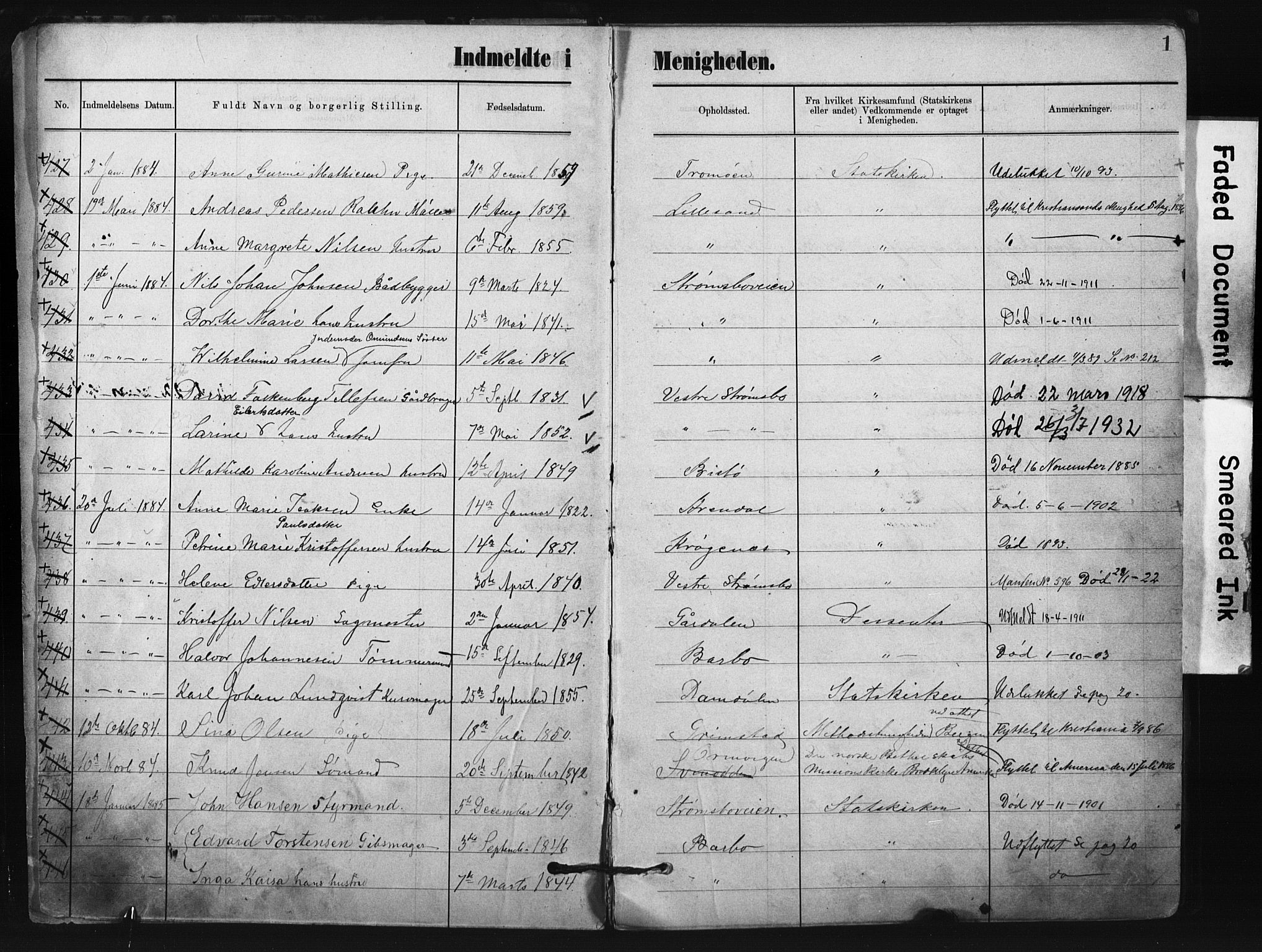 Metodistmenigheten, Arendal, SAK/1292-0011/F/Fa/L0004: Dissenter register no. F-4, 1883-1892, p. 1