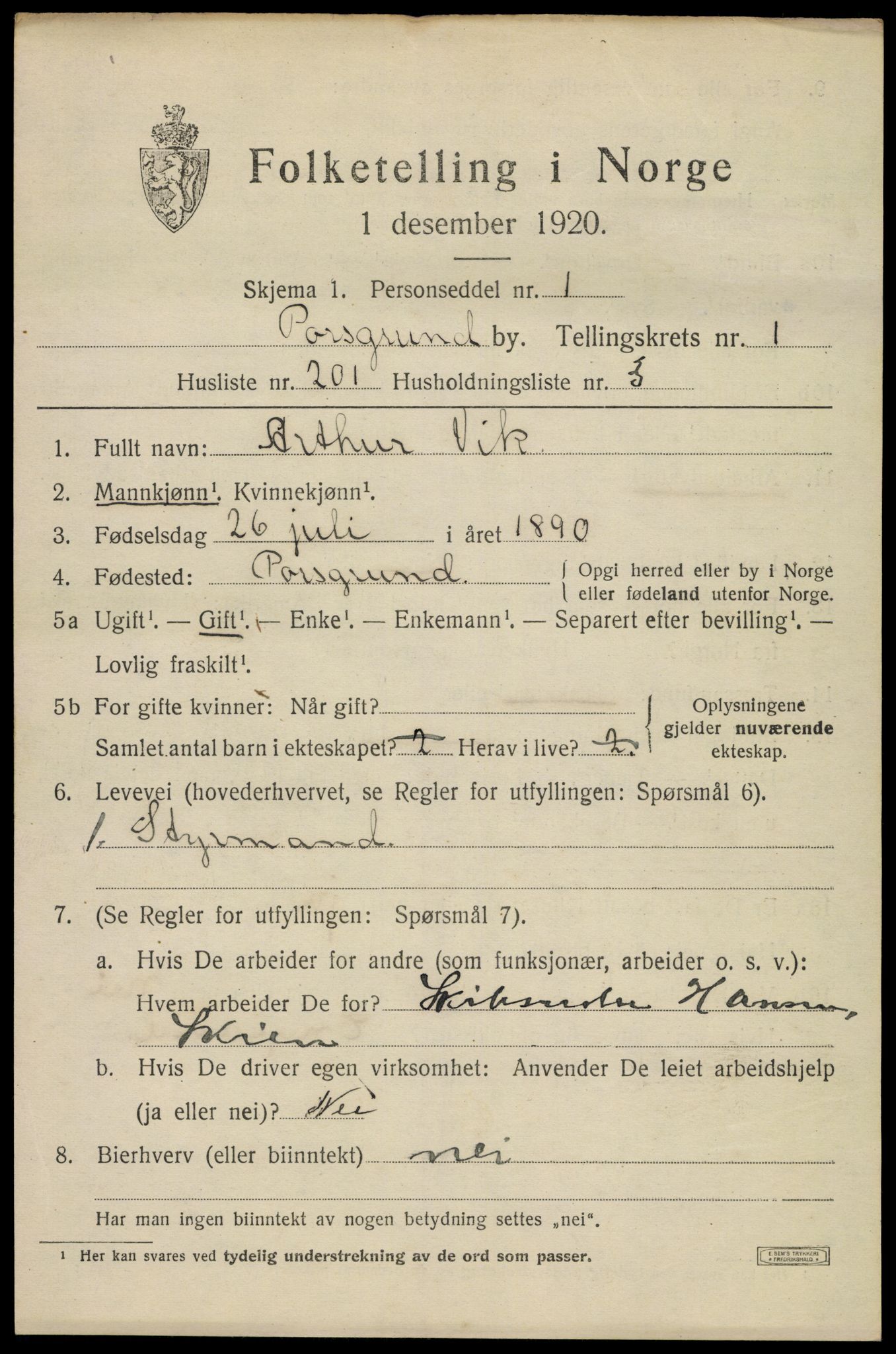 SAKO, 1920 census for Porsgrunn, 1920, p. 9417