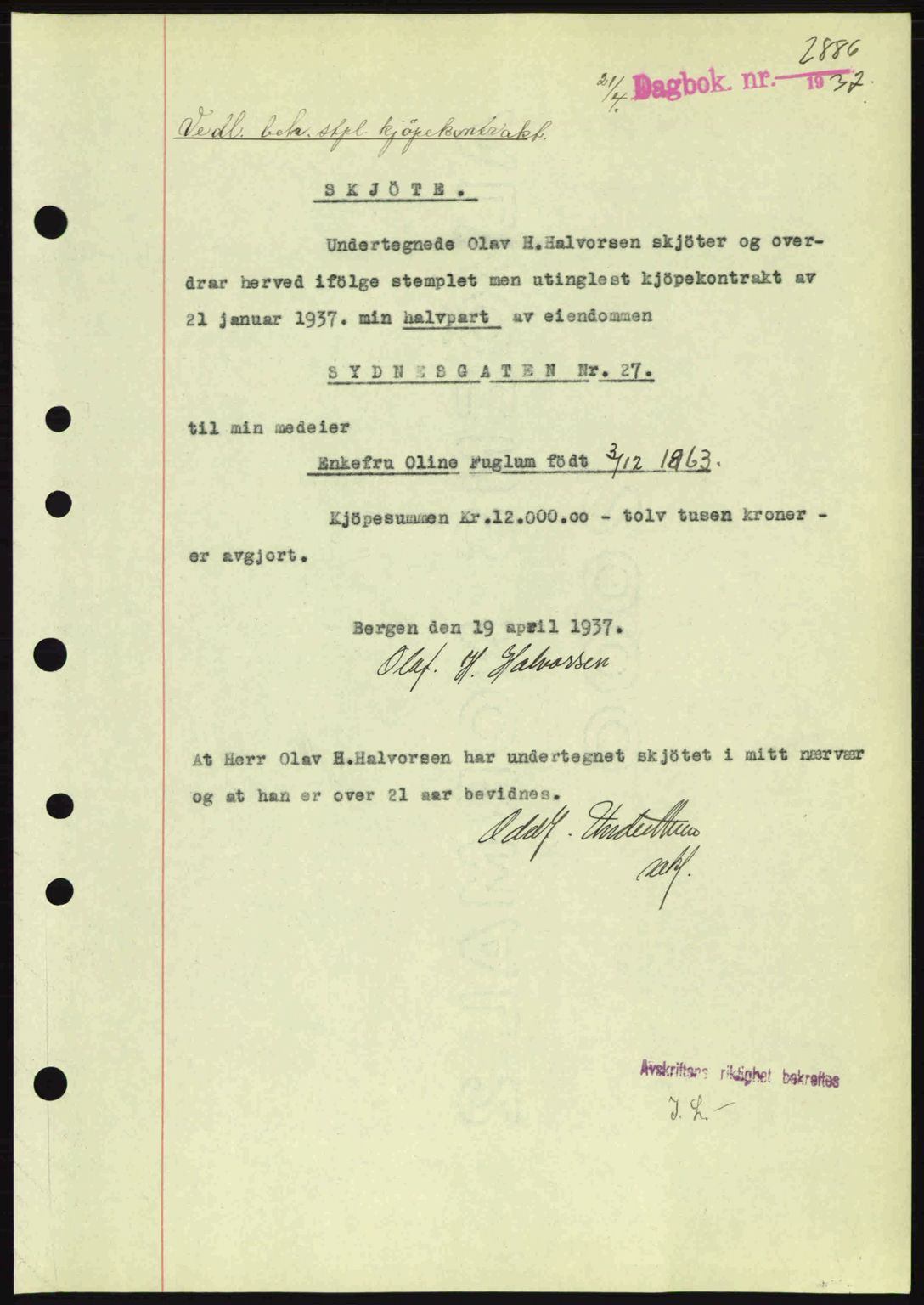 Byfogd og Byskriver i Bergen, SAB/A-3401/03/03Bc/L0004: Mortgage book no. A3-4, 1936-1937, Diary no: : 2886/1937