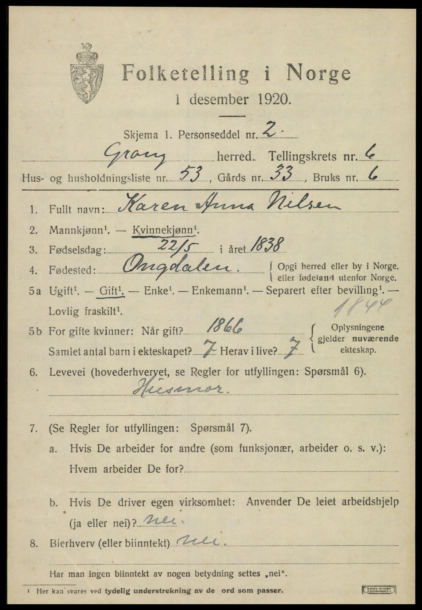 SAT, 1920 census for Grong, 1920, p. 4103