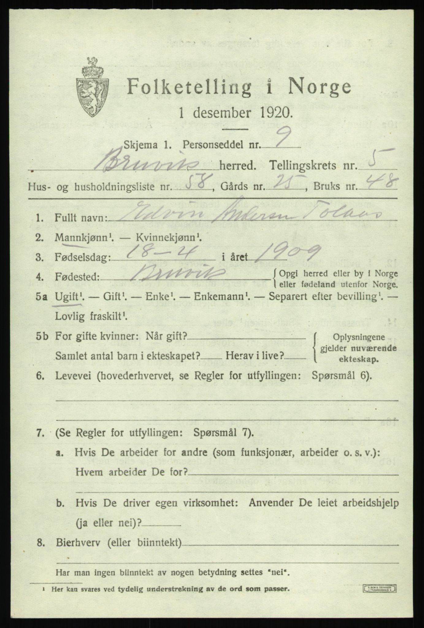 SAB, 1920 census for Bruvik, 1920, p. 3670