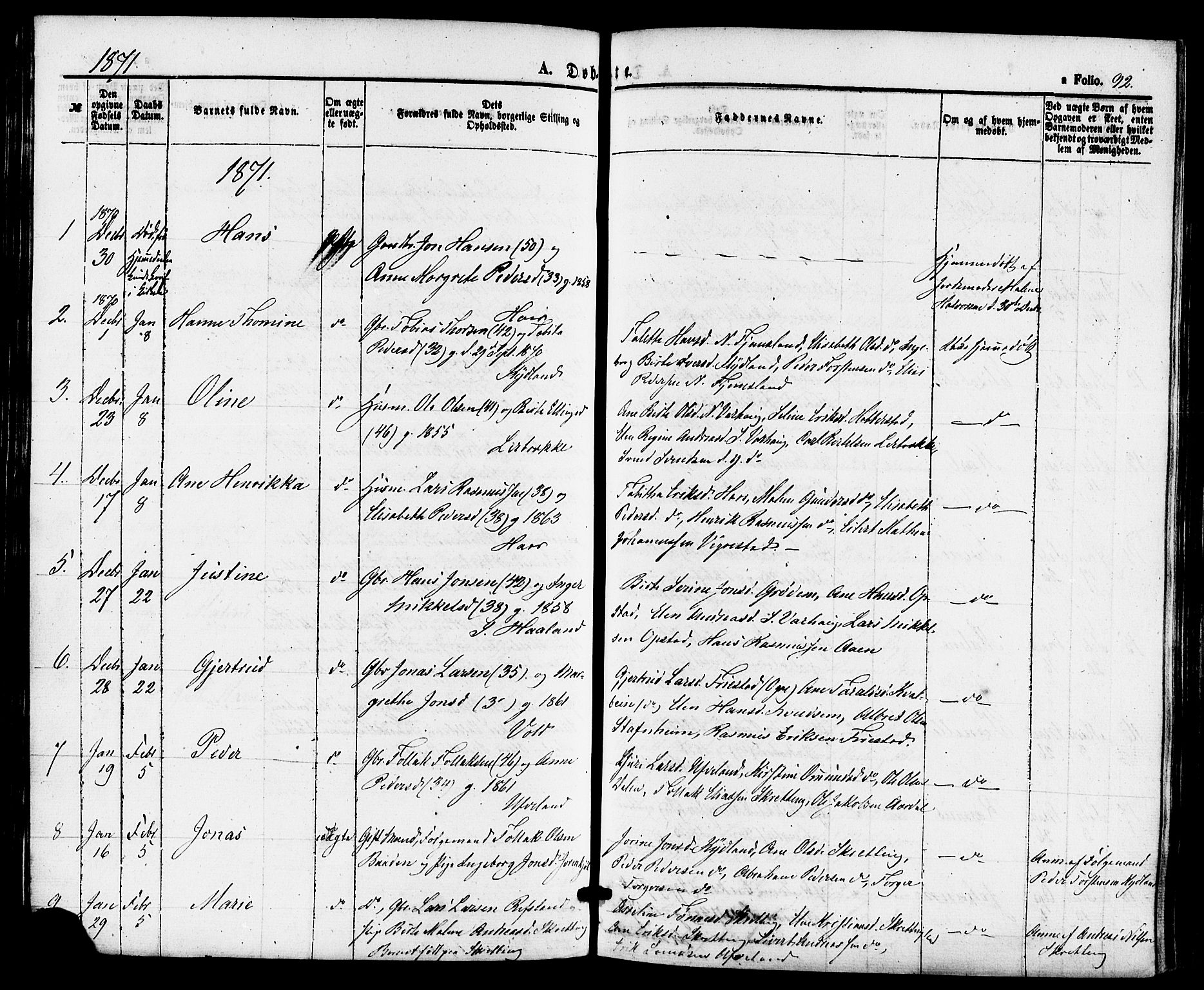 Hå sokneprestkontor, AV/SAST-A-101801/001/30BA/L0009: Parish register (official) no. A 8, 1855-1878, p. 92