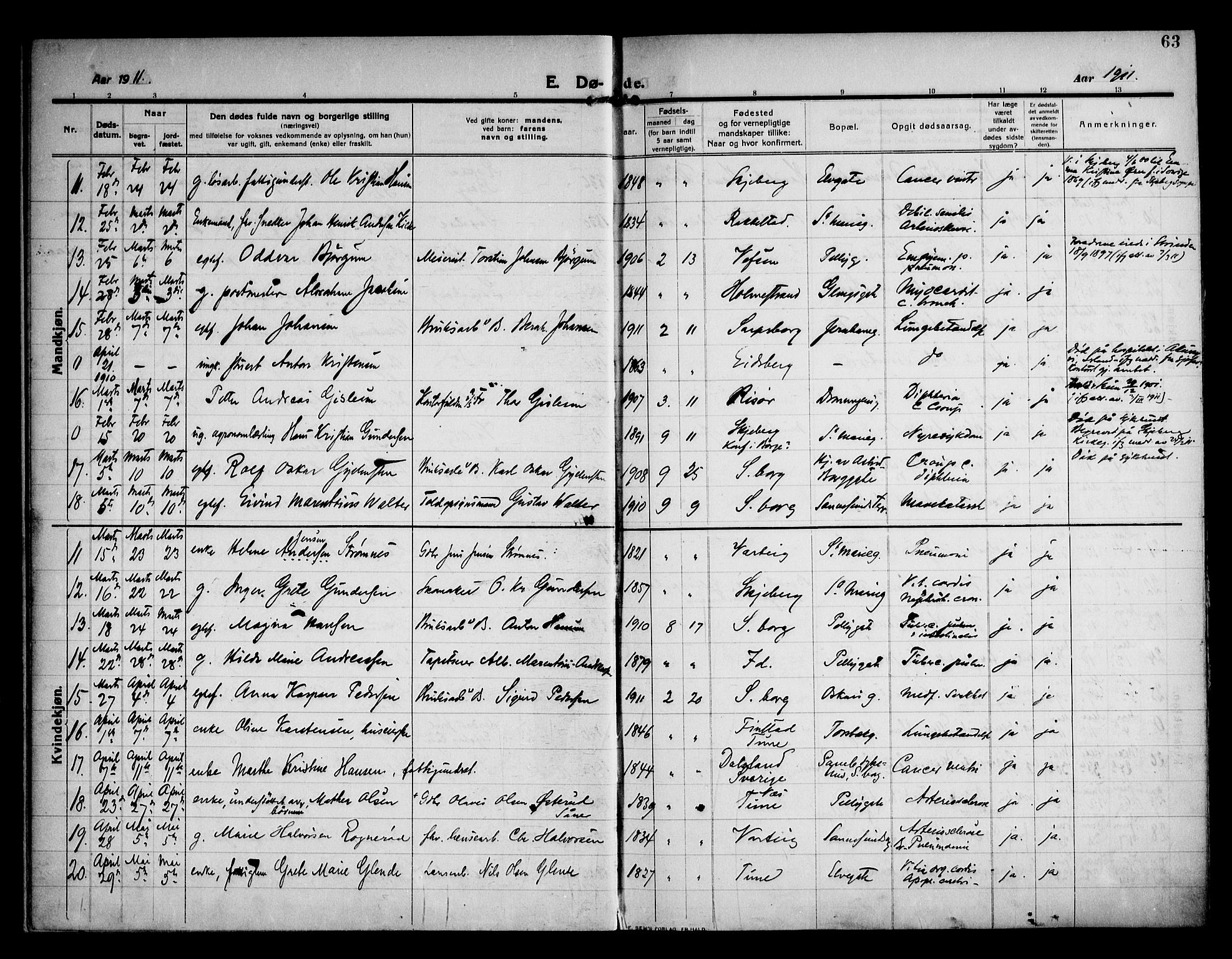Sarpsborg prestekontor Kirkebøker, AV/SAO-A-2006/F/Fa/L0007: Parish register (official) no. 7, 1910-1918, p. 63