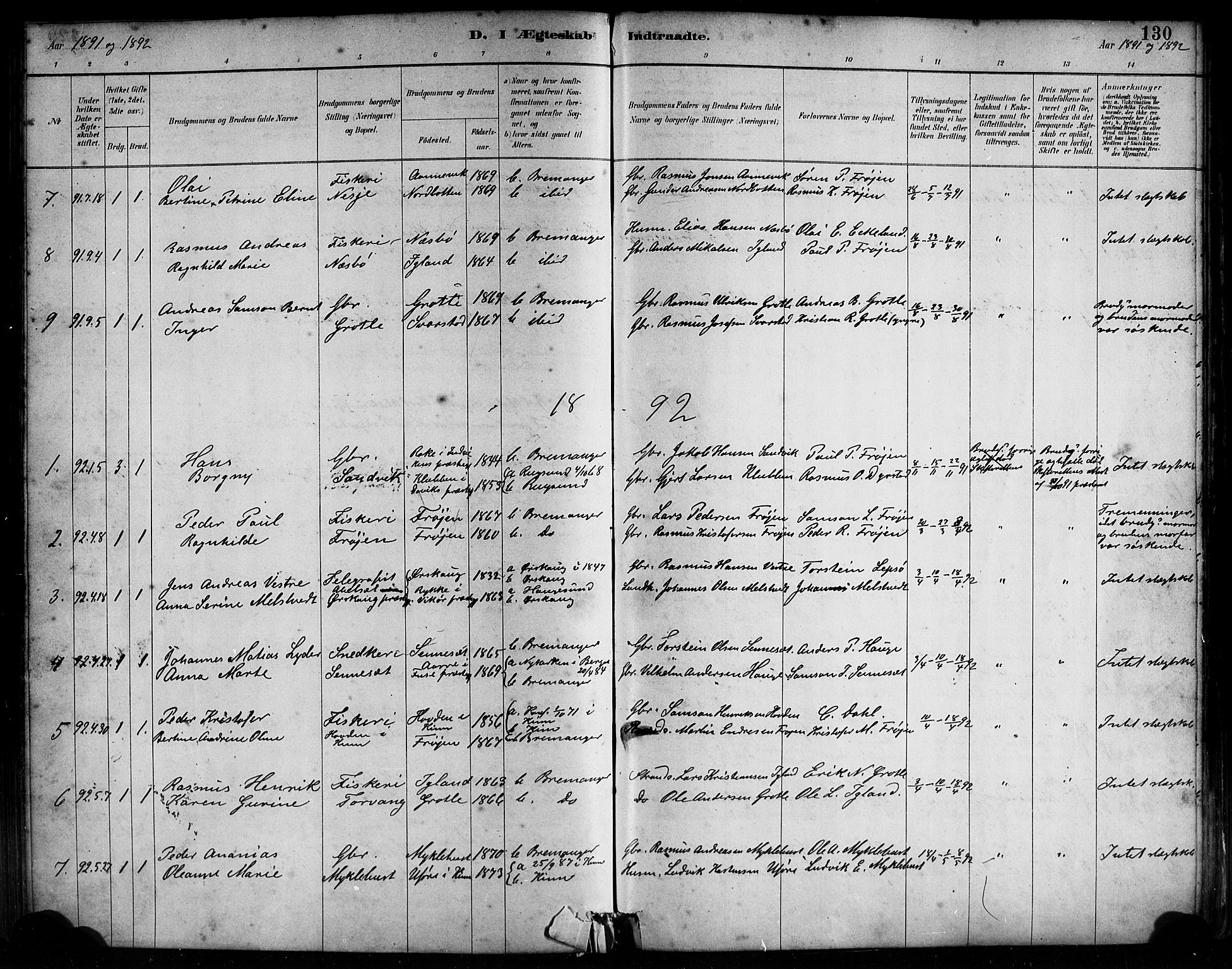 Bremanger sokneprestembete, AV/SAB-A-82201/H/Haa/Haab/L0001: Parish register (official) no. B 1, 1884-1895, p. 130