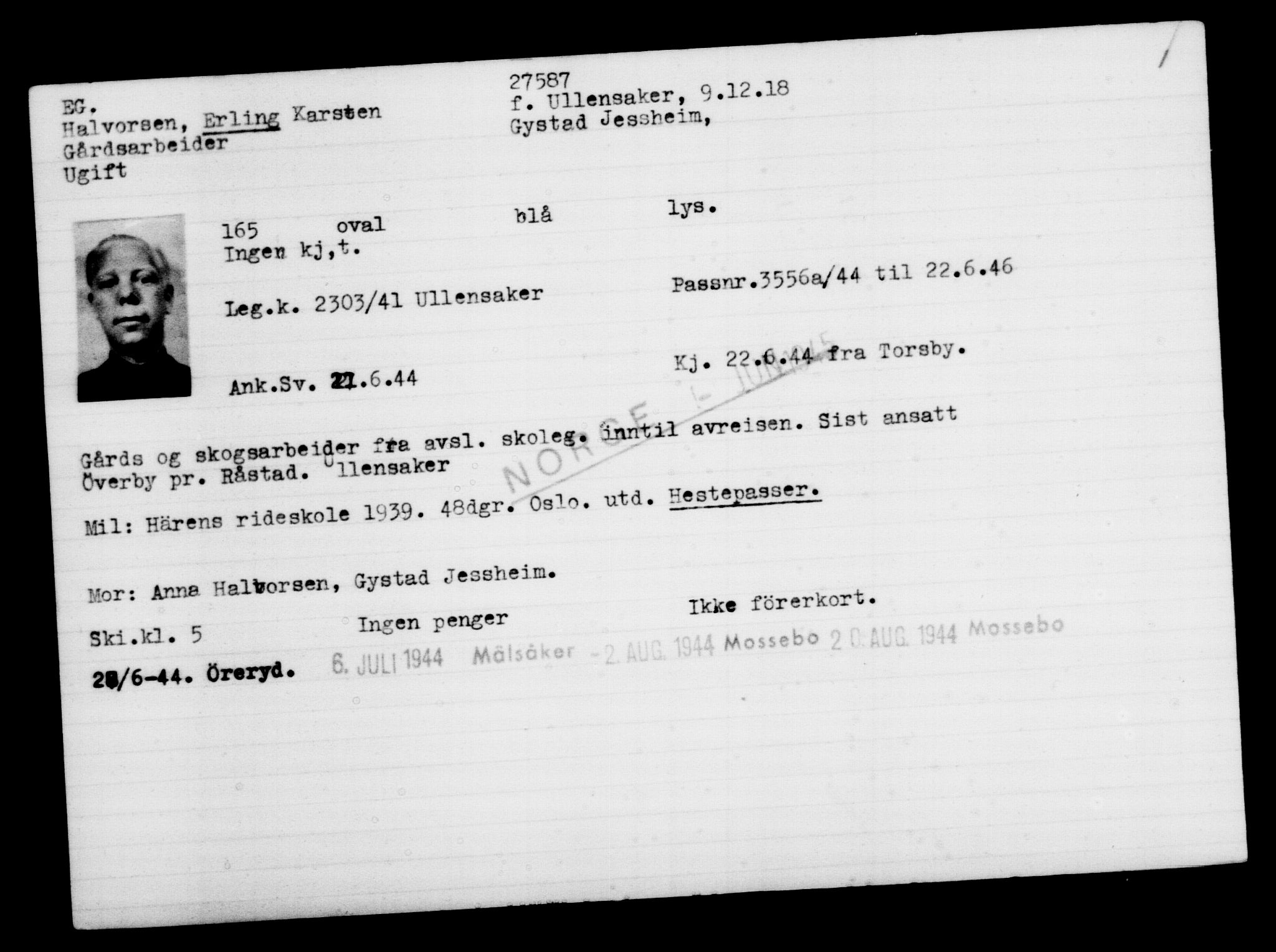 Utenriksstasjonene, Legasjonen i Stockholm, Flyktningkontoret, AV/RA-S-6753/V/Va/L0011: Kjesäterkartoteket, flyktninger med registreringsnr. 25300-28349, 1940-1945, p. 2425