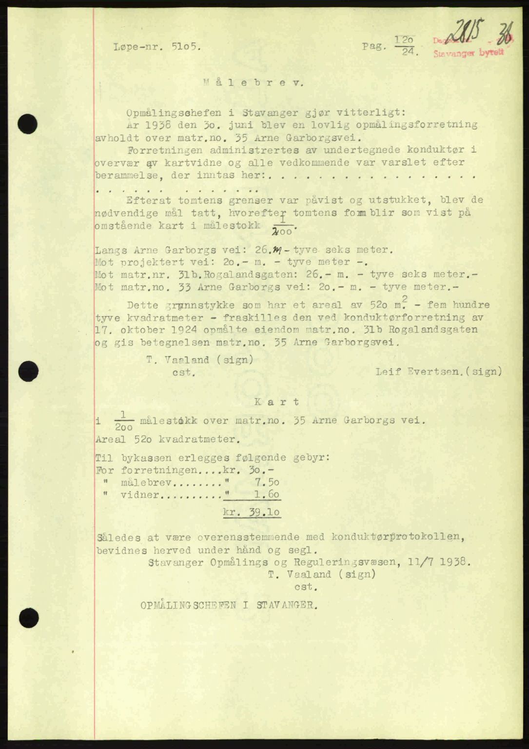 Stavanger byrett, SAST/A-100455/002/G/Gb/L0014: Mortgage book no. A4, 1938-1939, Diary no: : 2815/1938