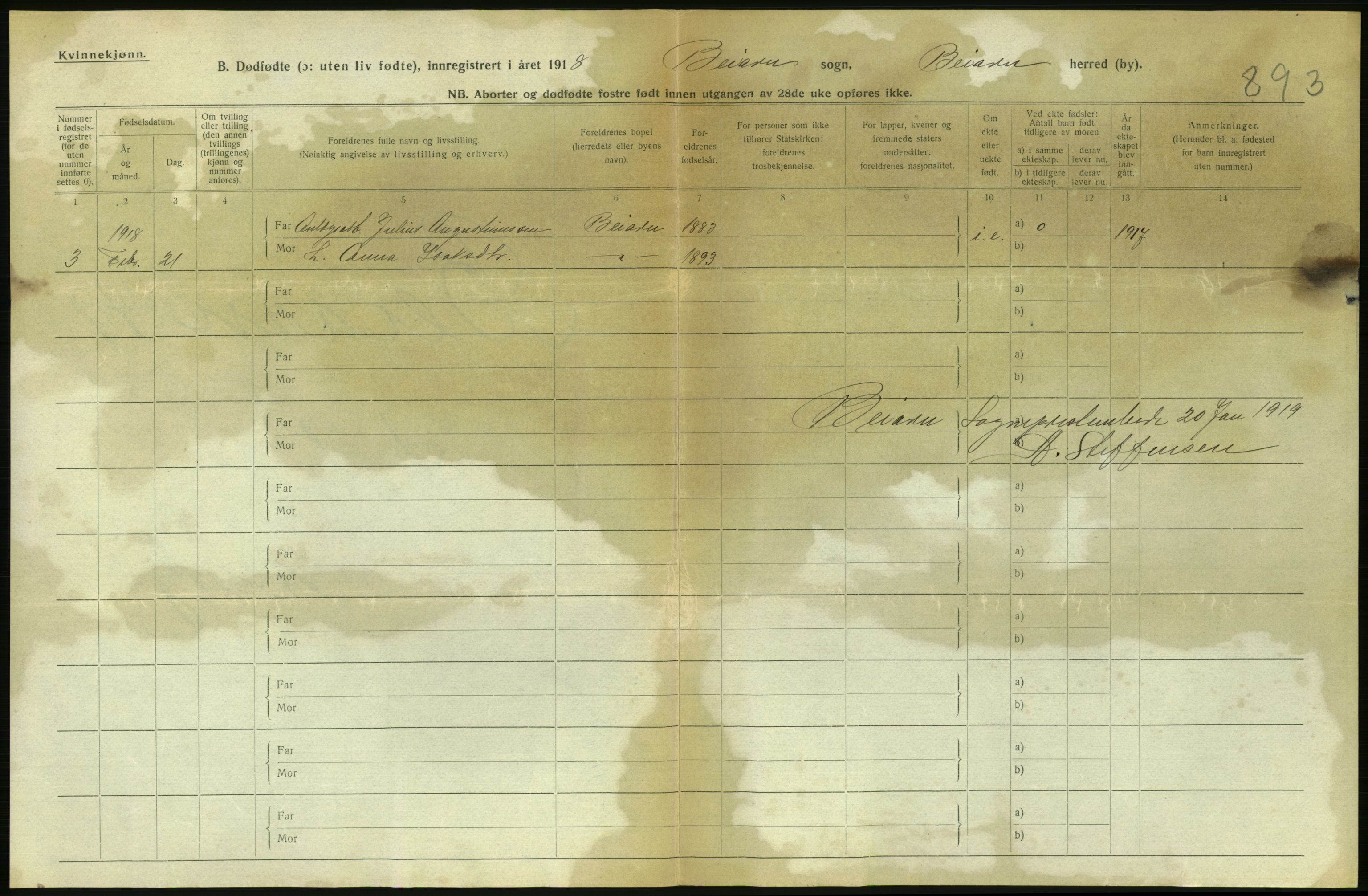 Statistisk sentralbyrå, Sosiodemografiske emner, Befolkning, AV/RA-S-2228/D/Df/Dfb/Dfbh/L0054: Nordland fylke: Gifte, dødfødte. Bygder og byer., 1918, p. 452