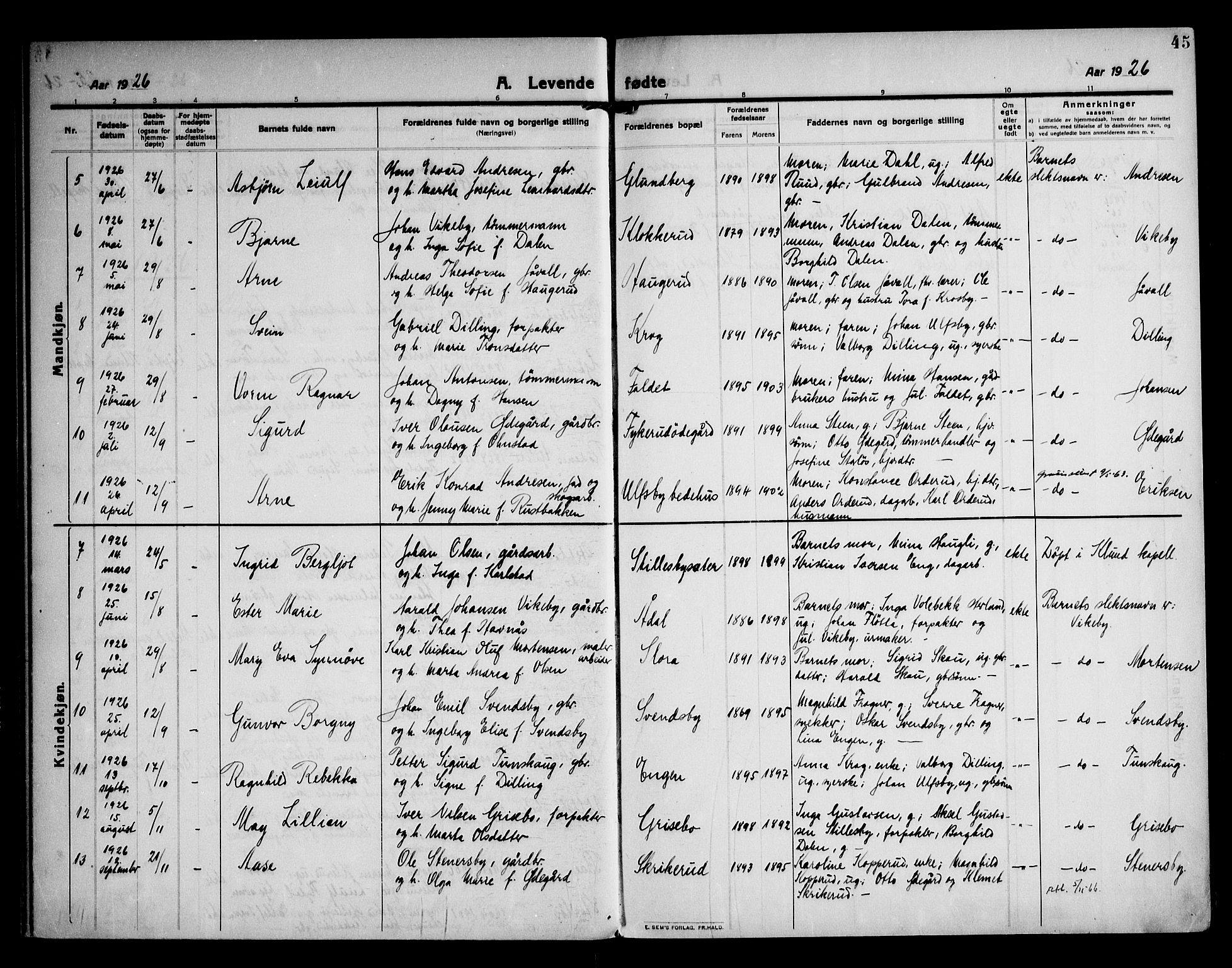 Rødenes prestekontor Kirkebøker, AV/SAO-A-2005/F/Fa/L0012: Parish register (official) no. I 12, 1911-1926, p. 45