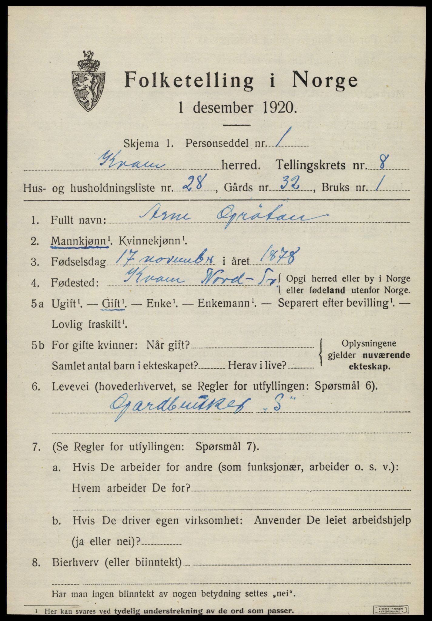SAT, 1920 census for Kvam, 1920, p. 2297