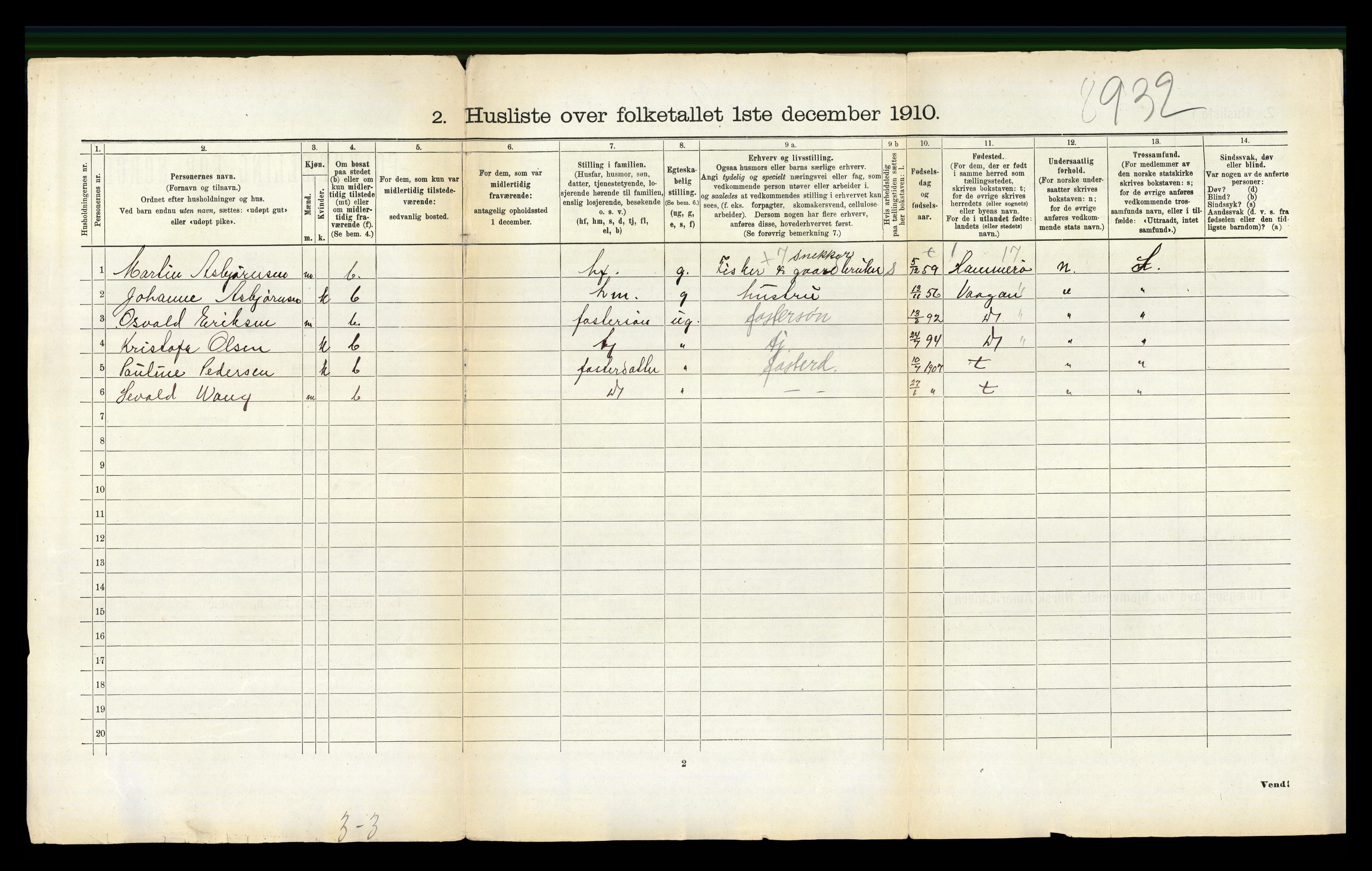 RA, 1910 census for Hadsel, 1910, p. 1496