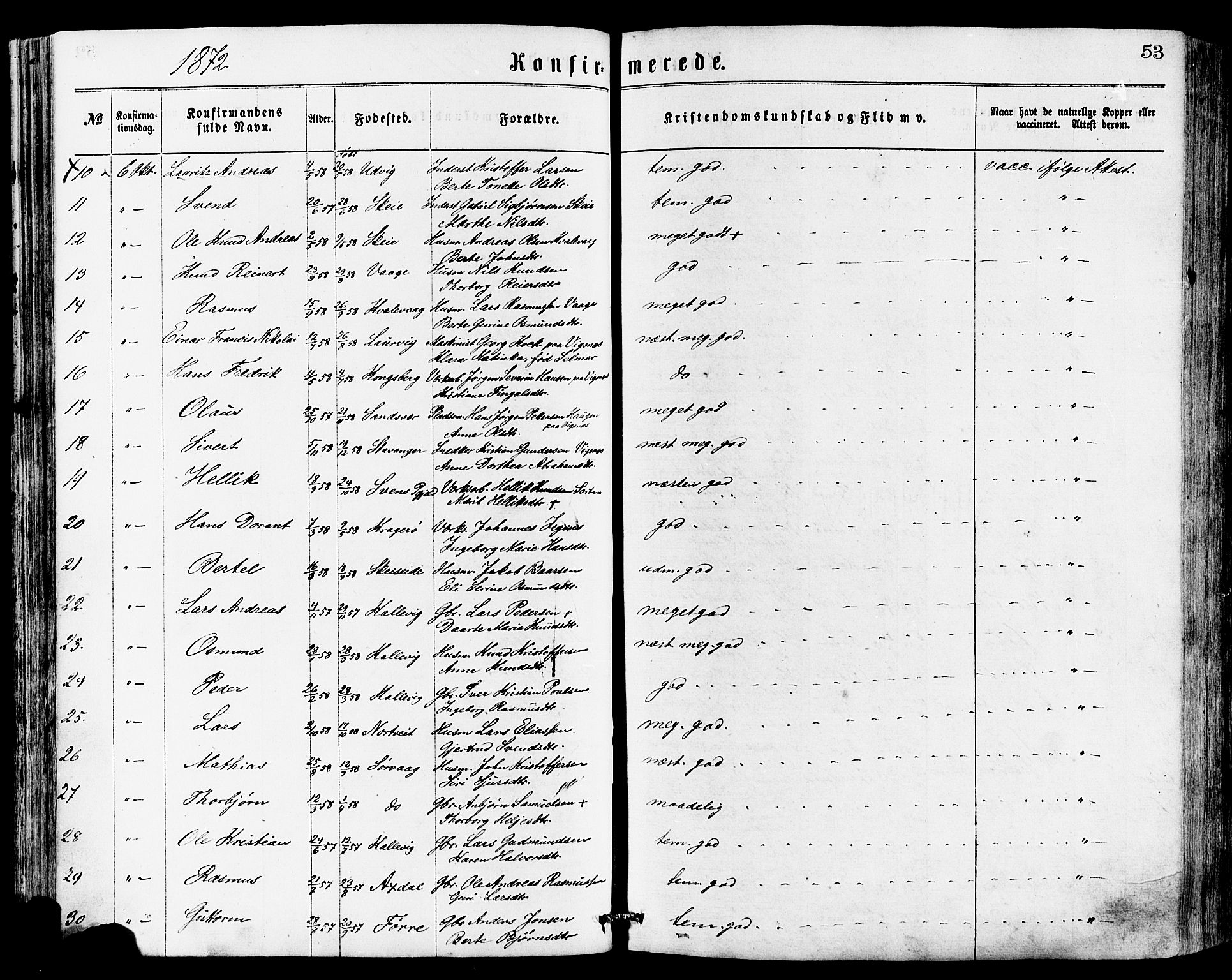 Avaldsnes sokneprestkontor, AV/SAST-A -101851/H/Ha/Haa/L0012: Parish register (official) no. A 12, 1865-1880, p. 53