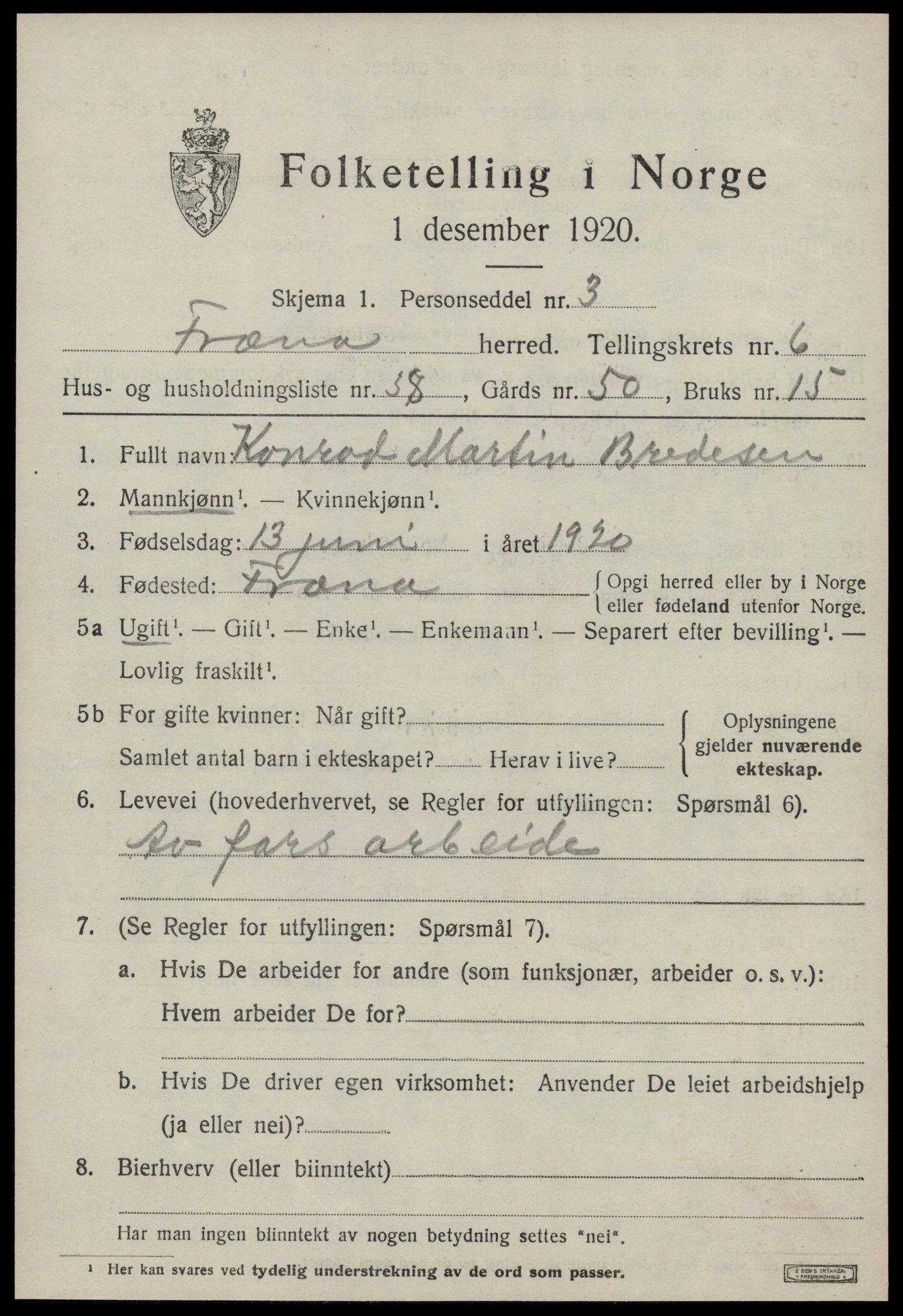 SAT, 1920 census for Fræna, 1920, p. 4503