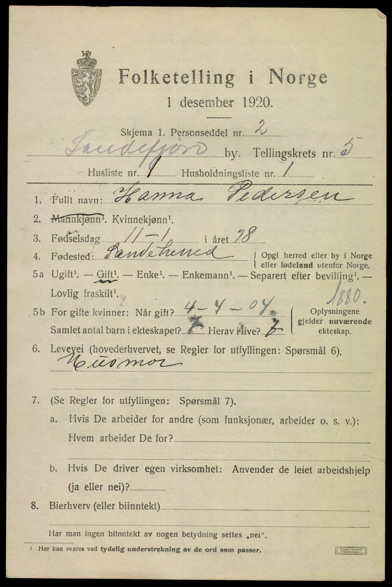 SAKO, 1920 census for Sandefjord, 1920, p. 8418