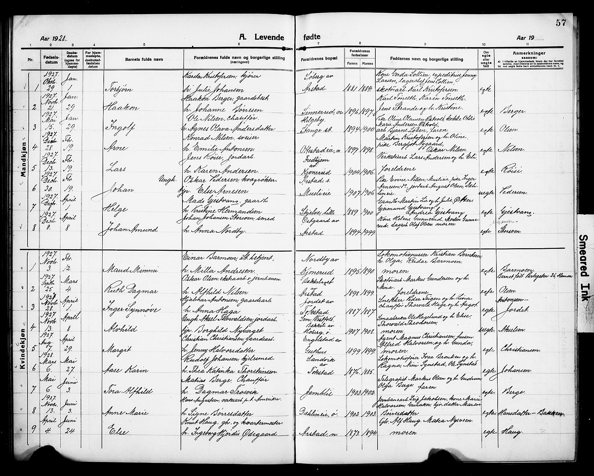 Stange prestekontor, AV/SAH-PREST-002/L/L0015: Parish register (copy) no. 15, 1916-1928, p. 57