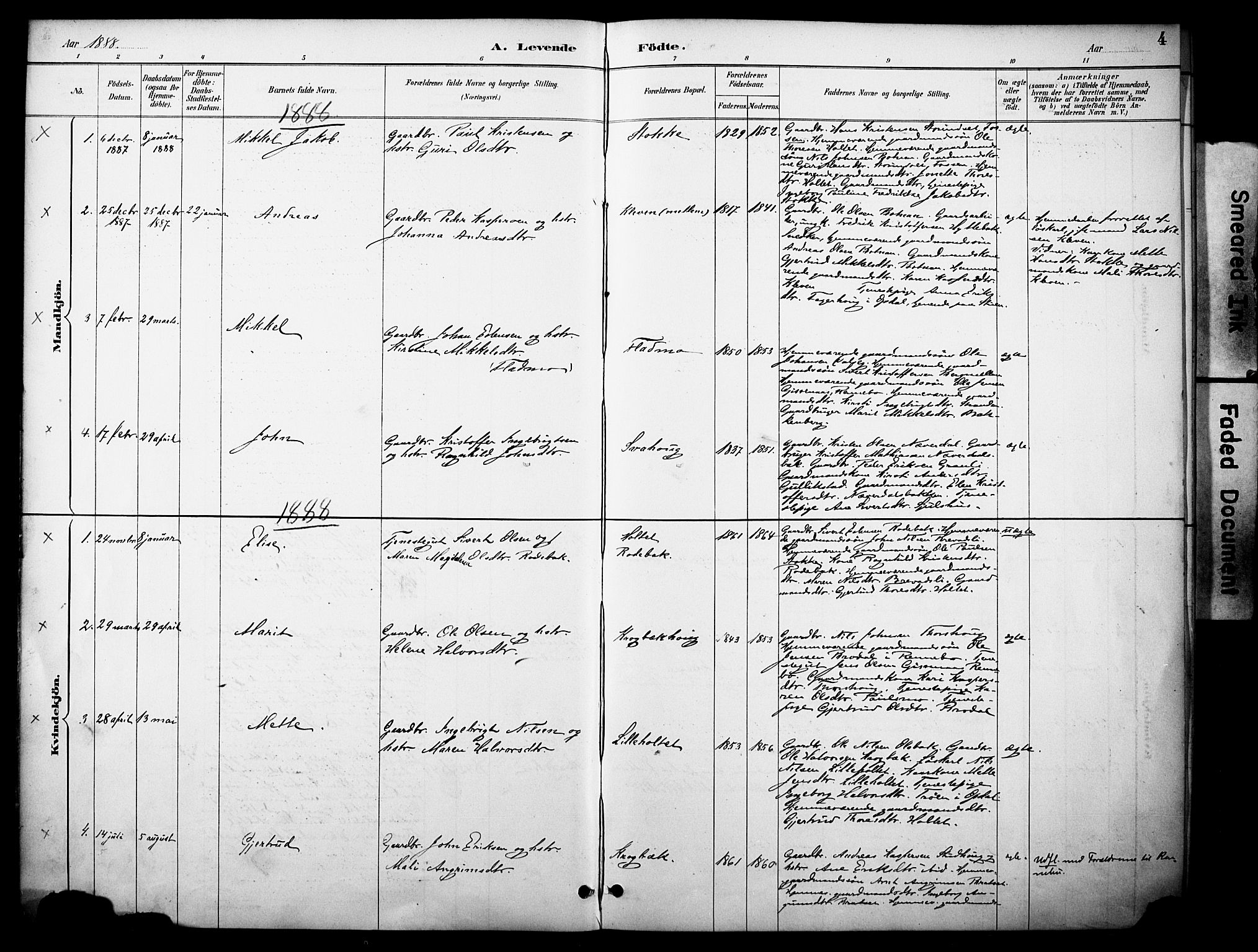Kvikne prestekontor, SAH/PREST-064/H/Ha/Haa/L0007: Parish register (official) no. 7, 1887-1911, p. 4