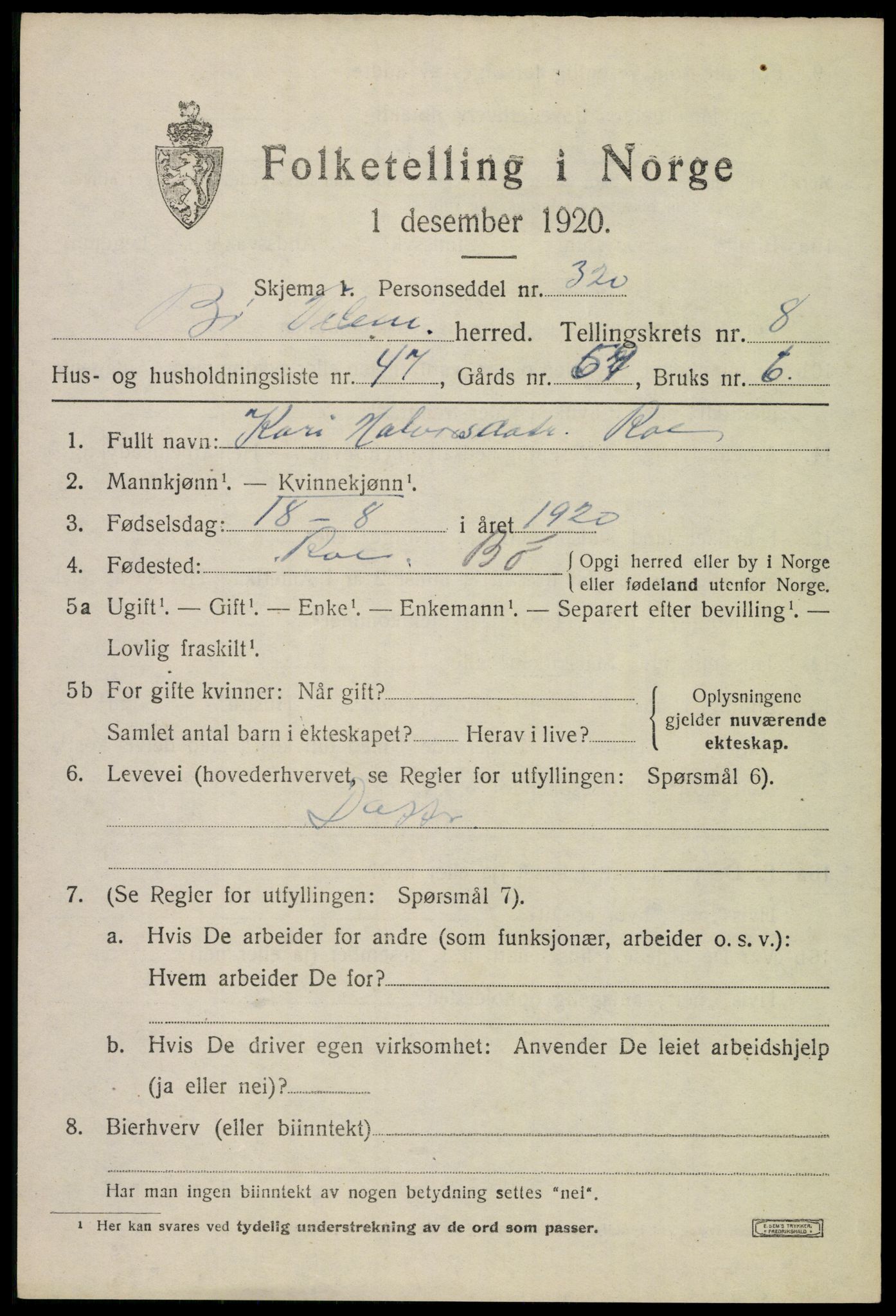 SAKO, 1920 census for Bø (Telemark), 1920, p. 6392