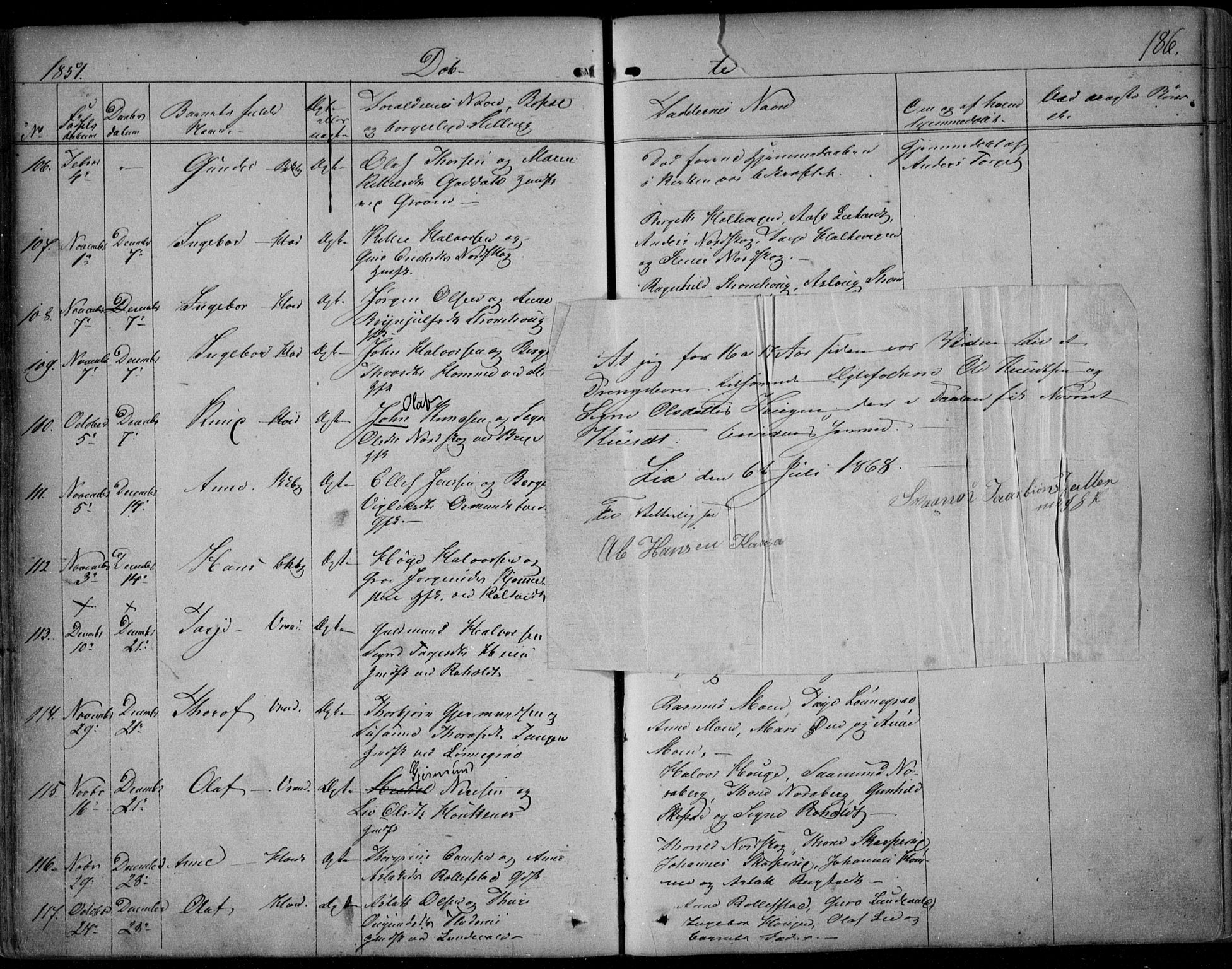 Kviteseid kirkebøker, SAKO/A-276/F/Fa/L0006: Parish register (official) no. I 6, 1836-1858, p. 186