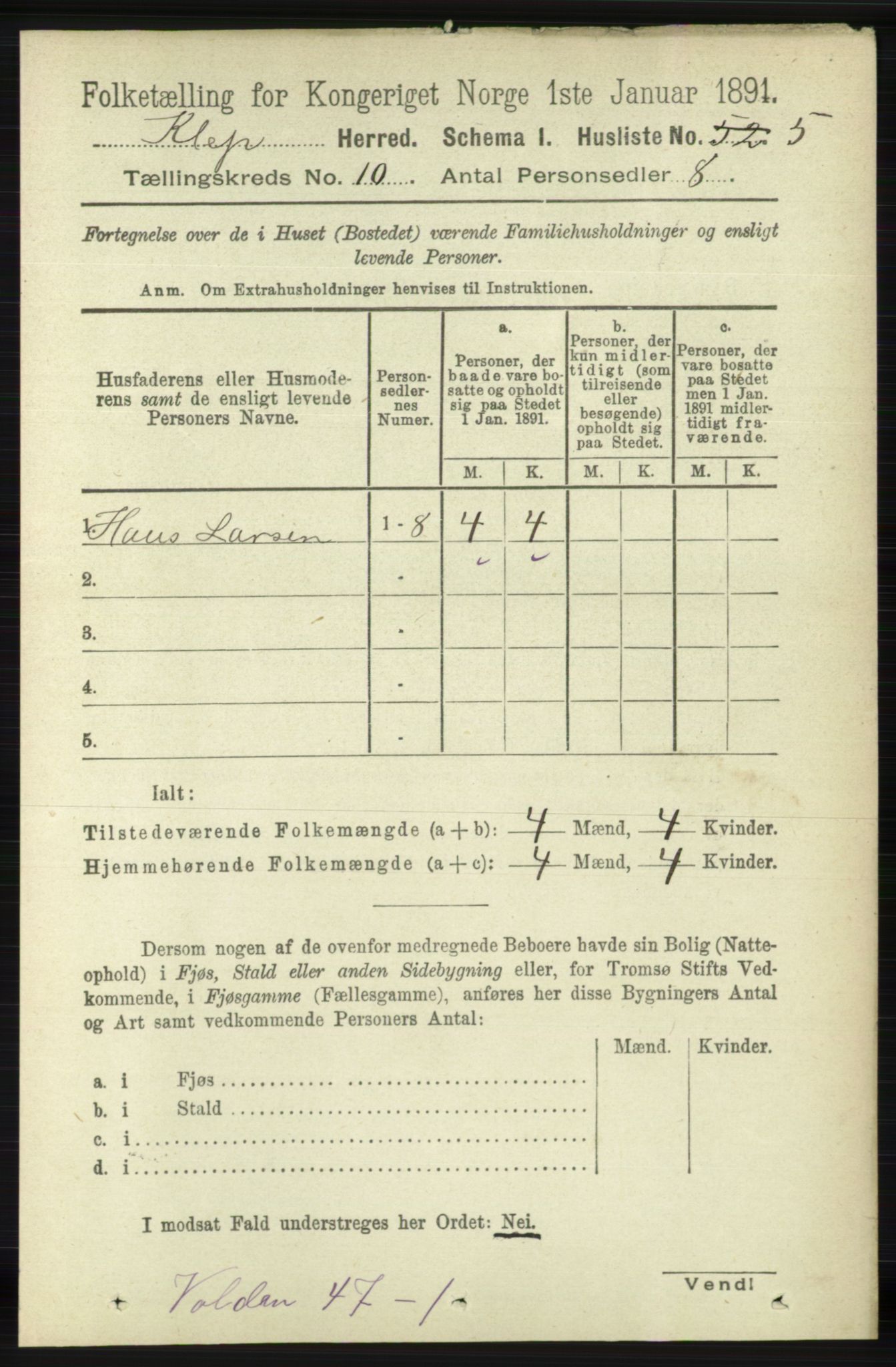 RA, 1891 census for 1120 Klepp, 1891, p. 2823