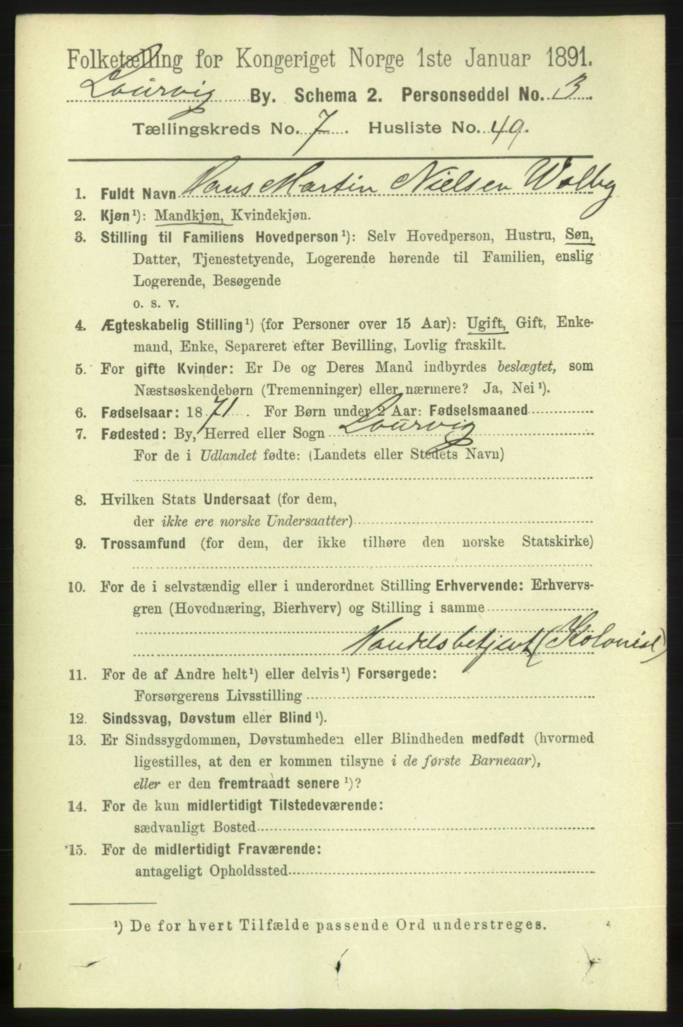 RA, 1891 census for 0707 Larvik, 1891, p. 7809