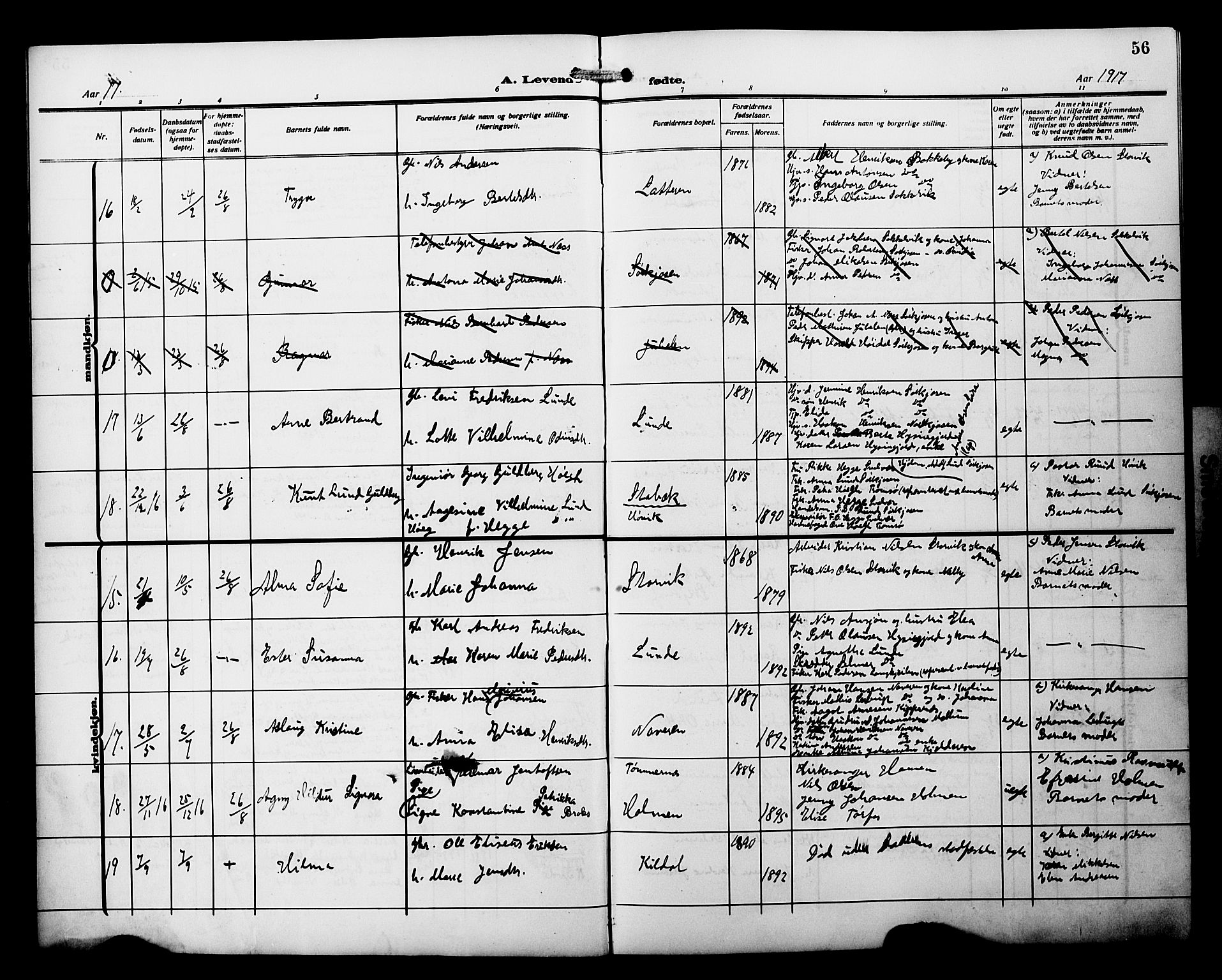 Skjervøy sokneprestkontor, AV/SATØ-S-1300/H/Ha/Hab/L0022klokker: Parish register (copy) no. 22, 1910-1926, p. 56