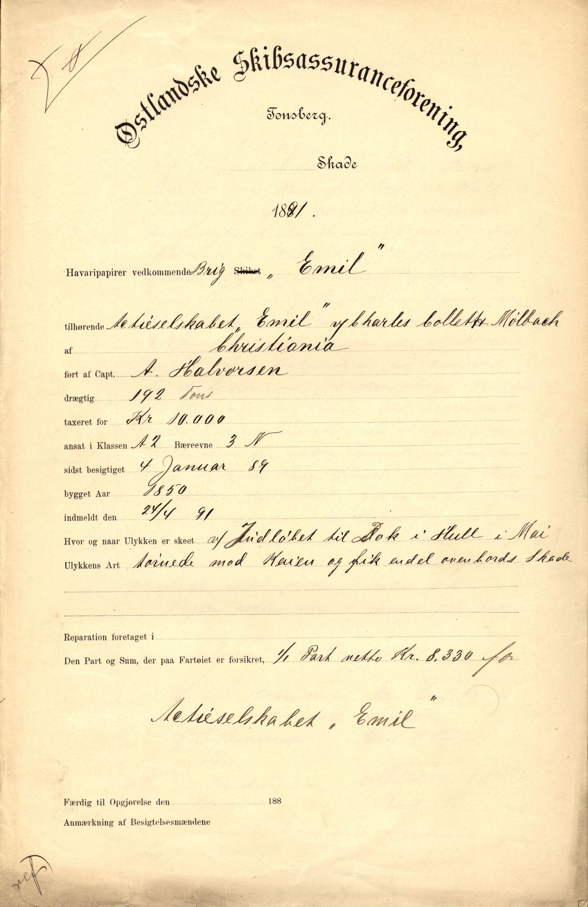 Pa 63 - Østlandske skibsassuranceforening, VEMU/A-1079/G/Ga/L0027/0008: Havaridokumenter / Minnie, Esmeralda, Emil, Emmeline, 1891, p. 33