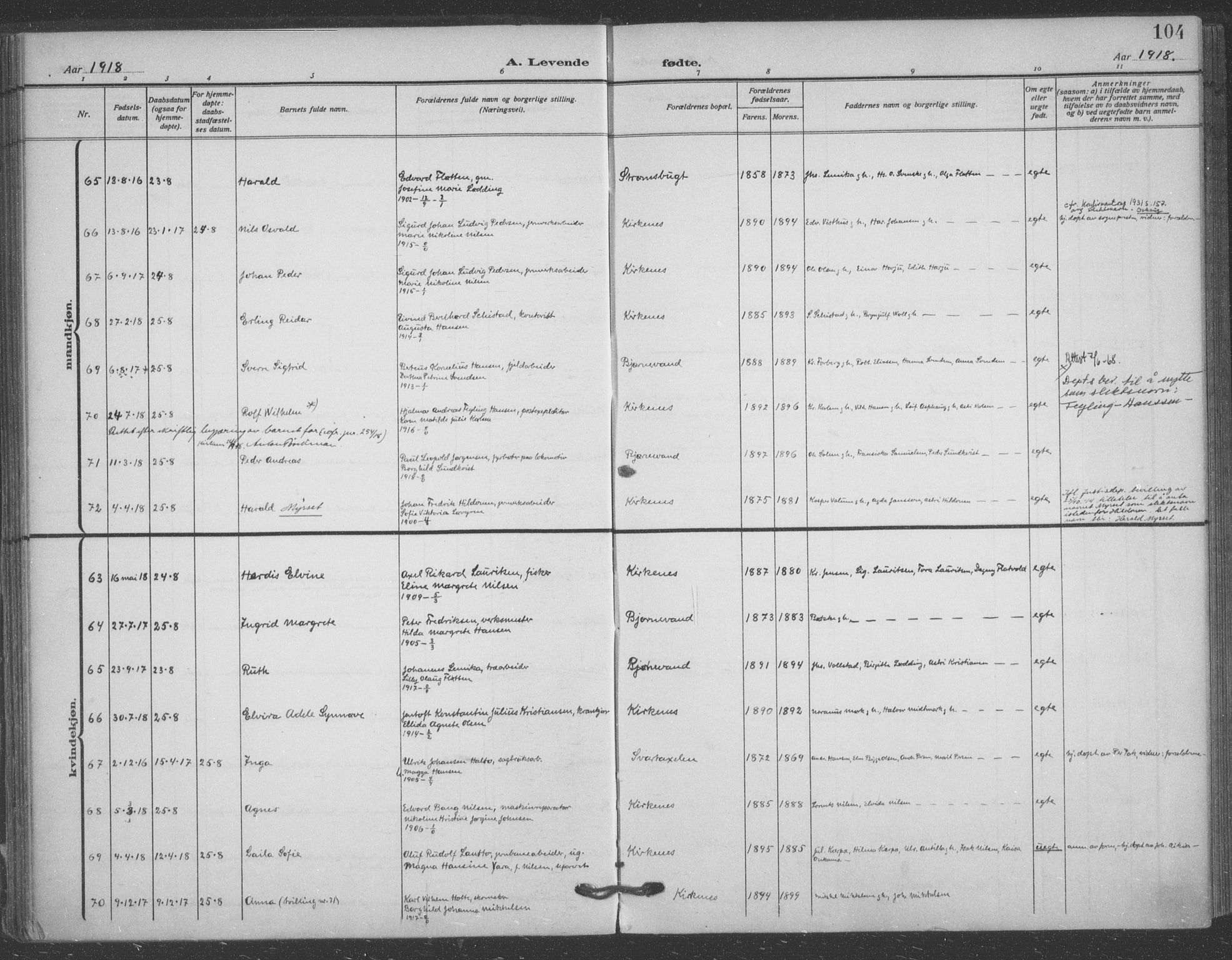 Sør-Varanger sokneprestkontor, AV/SATØ-S-1331/H/Ha/L0005kirke: Parish register (official) no. 5, 1909-1919, p. 104