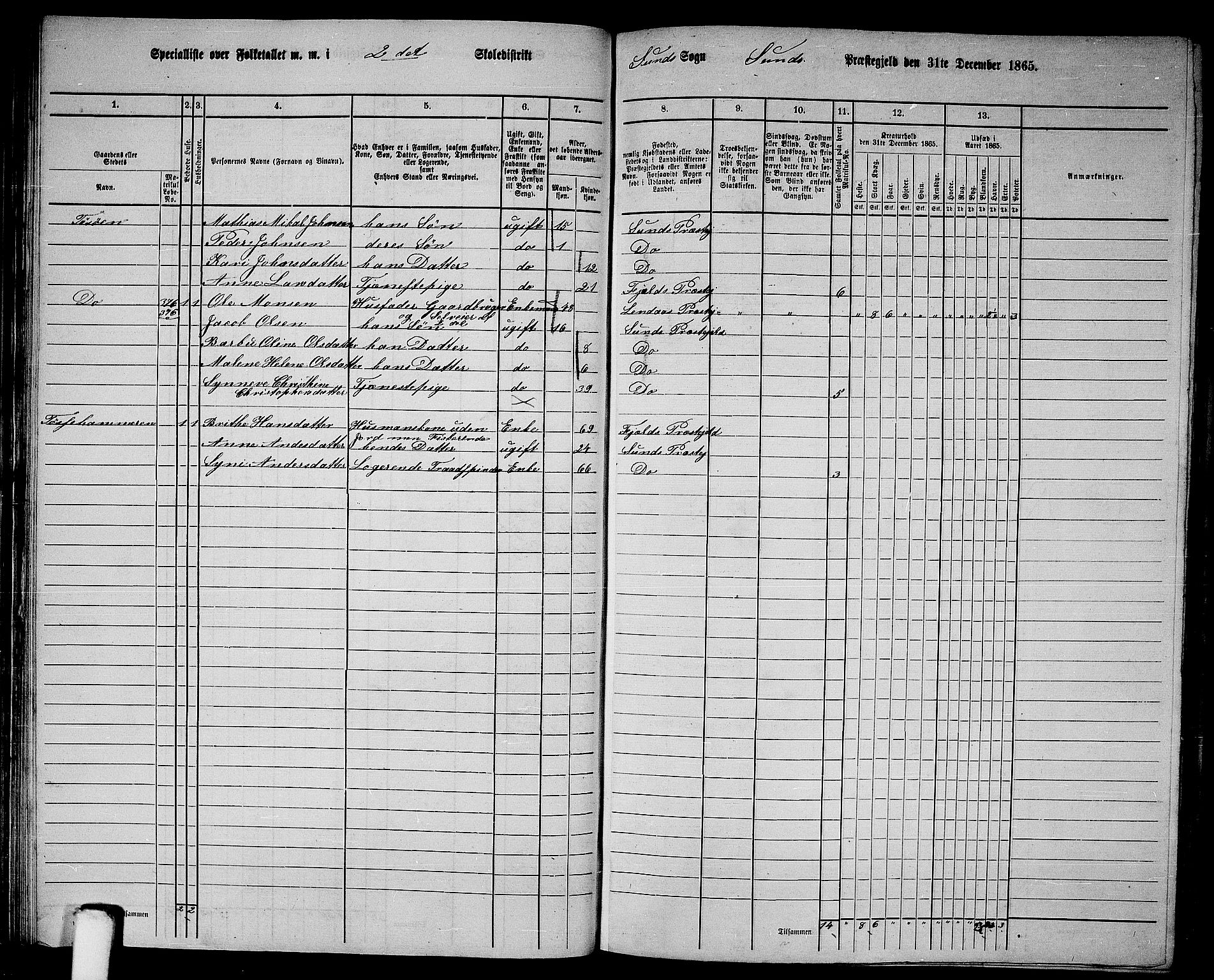 RA, 1865 census for Sund, 1865, p. 43