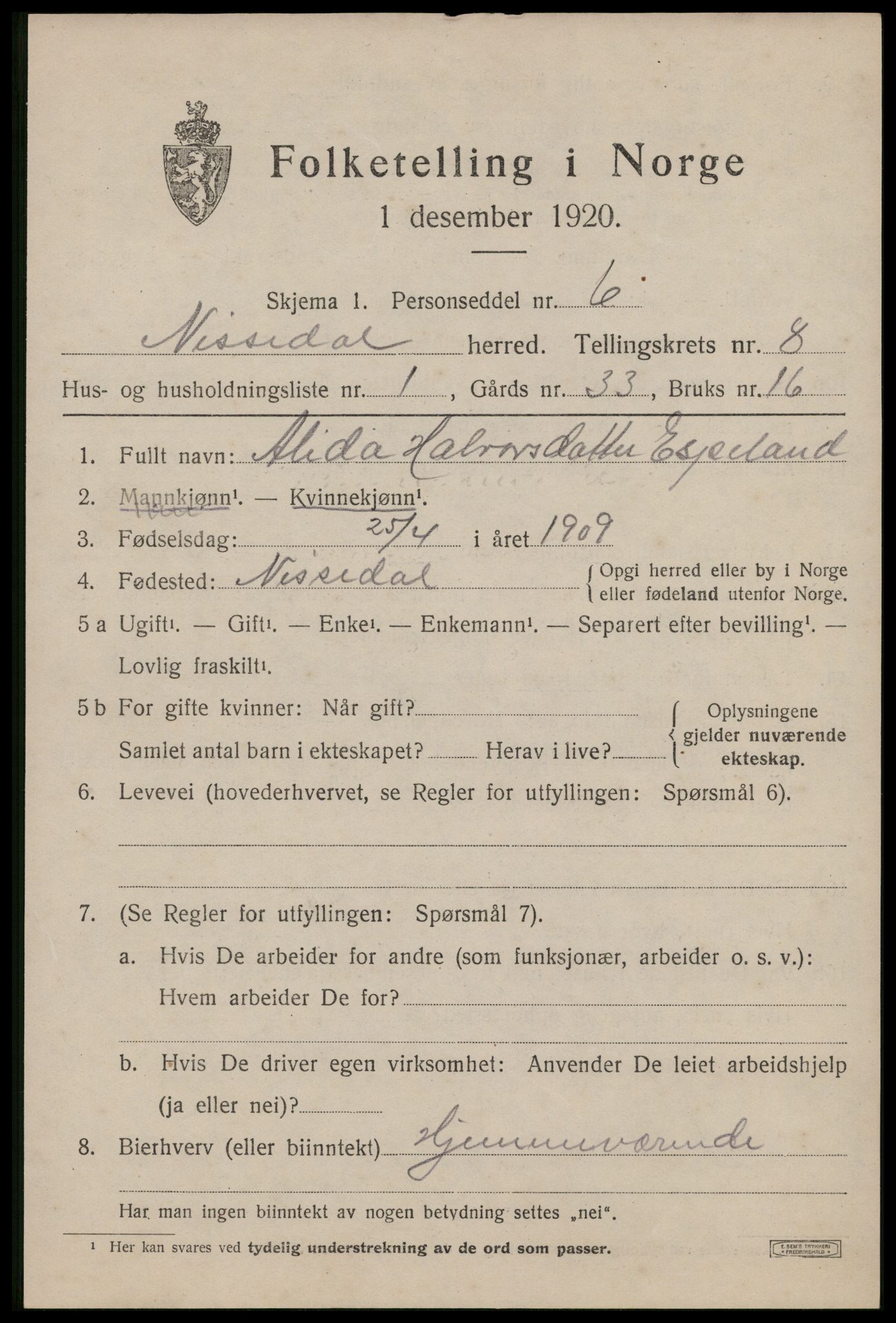 SAKO, 1920 census for Nissedal, 1920, p. 3049