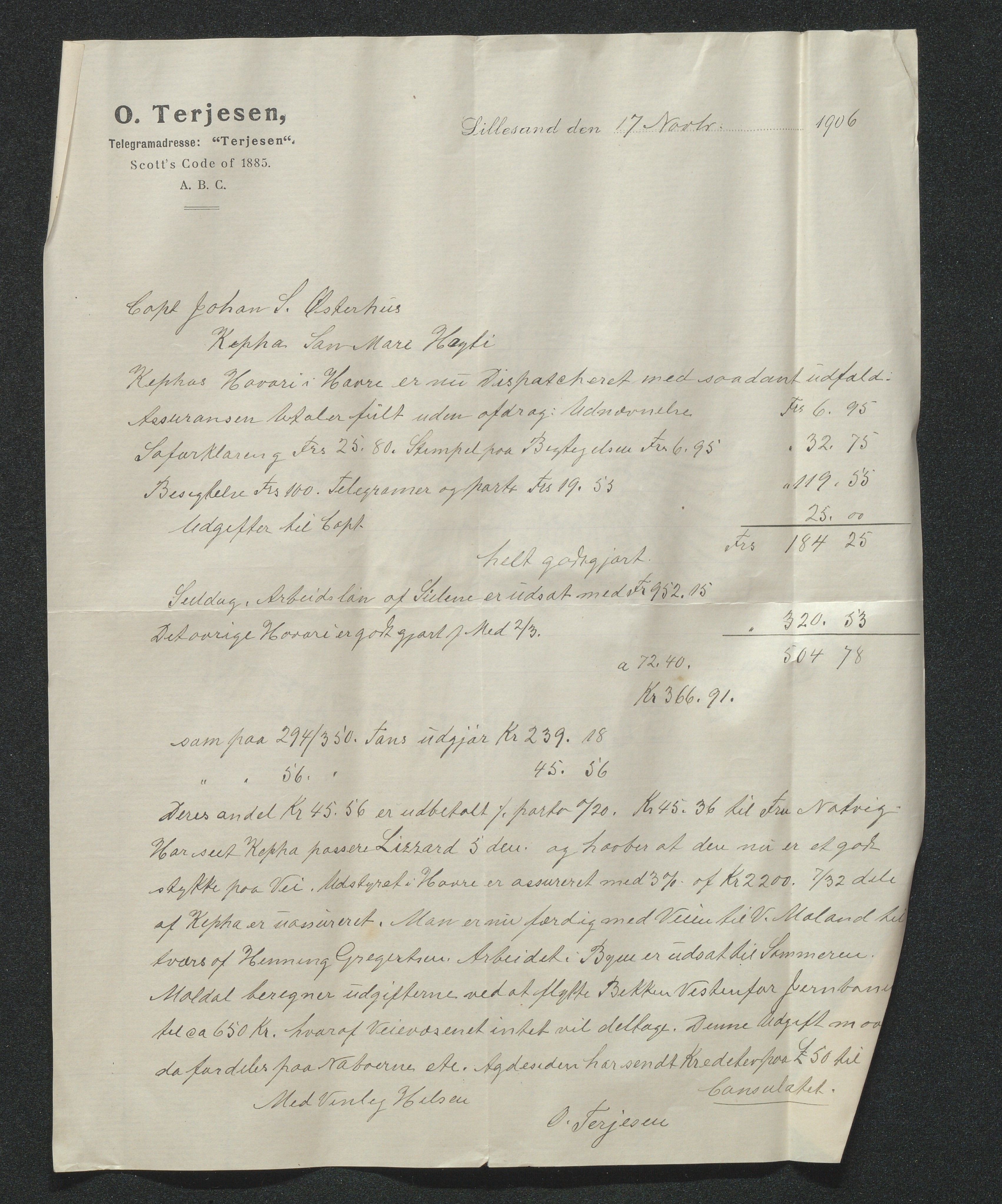 O. Terjesens rederi, AAKS/PA-2525/E/E01/L0014: Korrespondanse, 1905