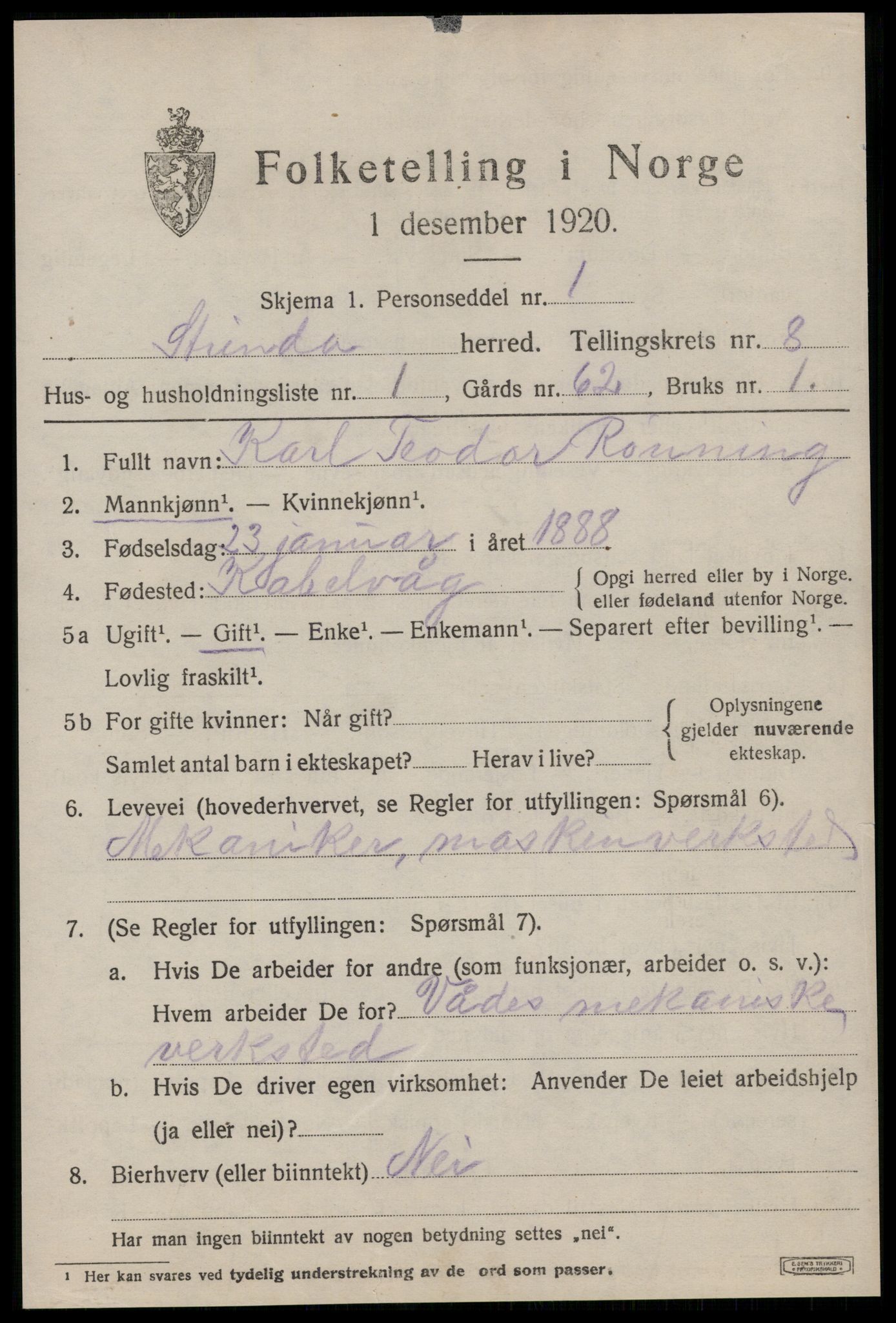 SAT, 1920 census for Strinda, 1920, p. 19766