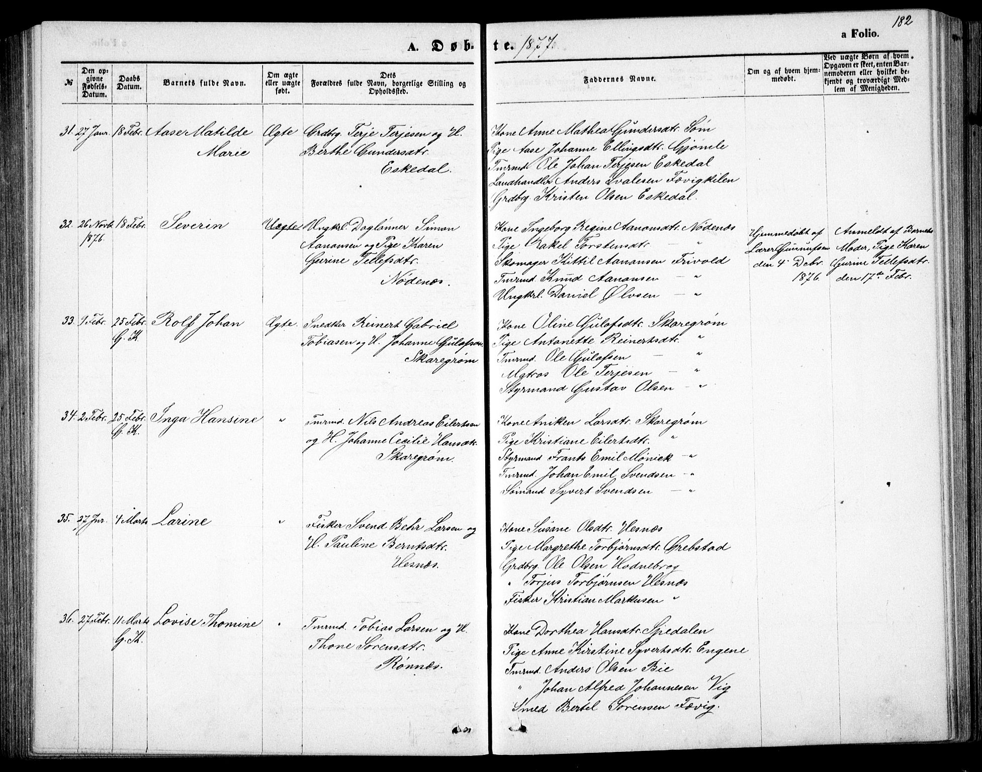 Fjære sokneprestkontor, AV/SAK-1111-0011/F/Fb/L0010: Parish register (copy) no. B 10, 1871-1880, p. 182