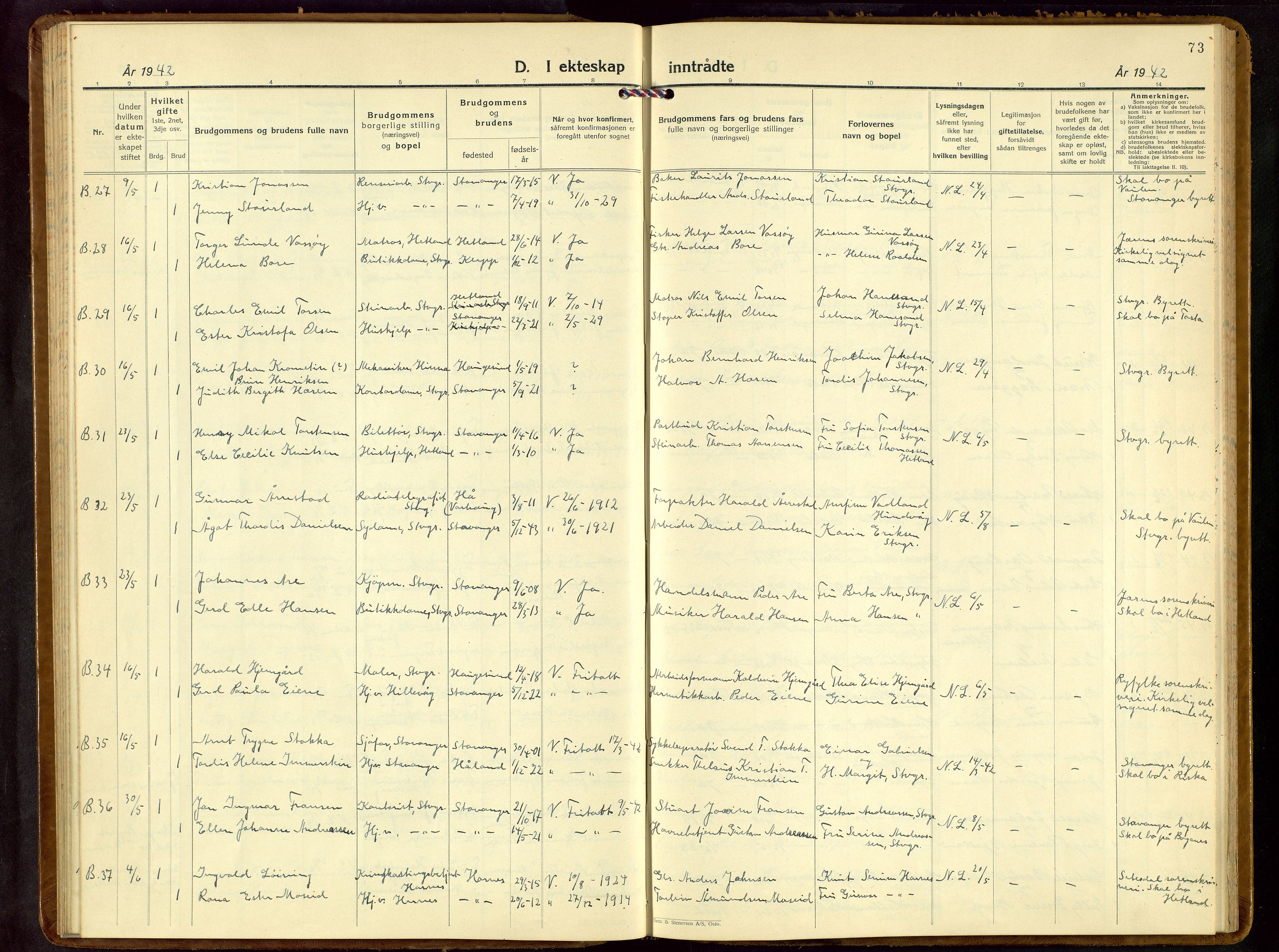 Hetland sokneprestkontor, SAST/A-101826/30/30BB/L0013: Parish register (copy) no. B 13, 1931-1952, p. 73