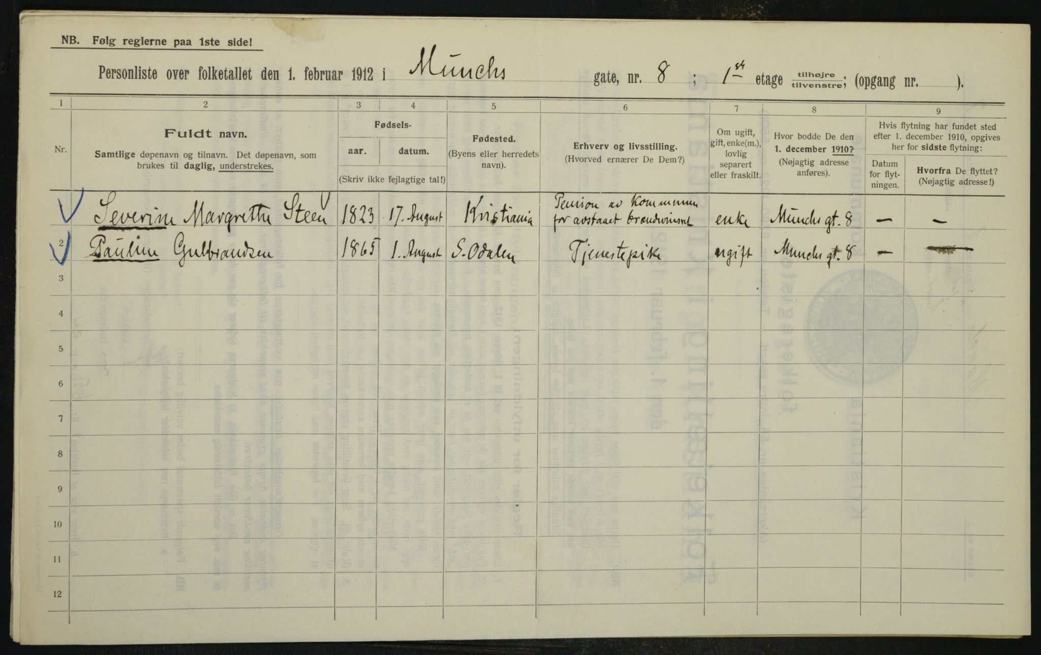OBA, Municipal Census 1912 for Kristiania, 1912, p. 67176