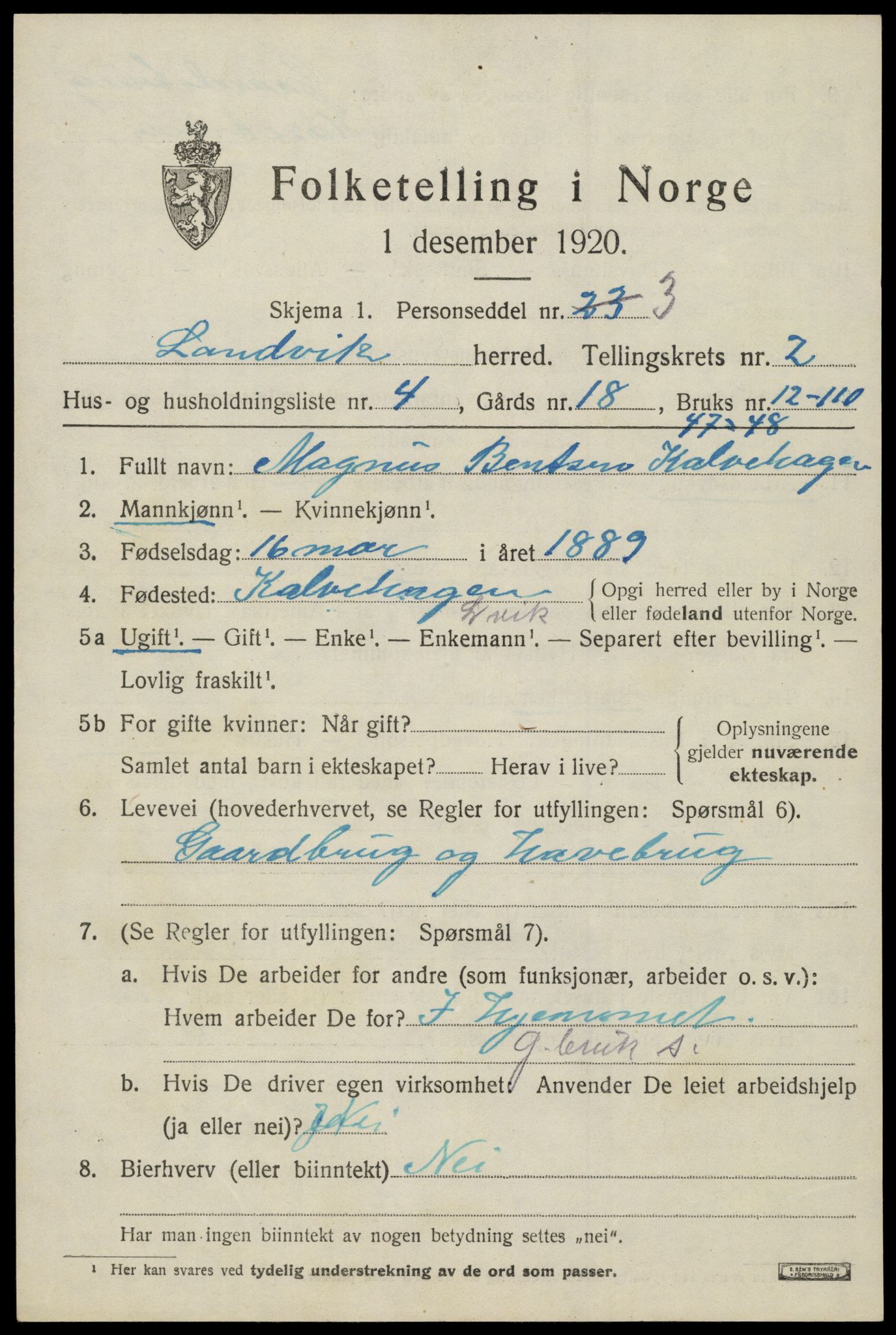 SAK, 1920 census for Landvik, 1920, p. 1816