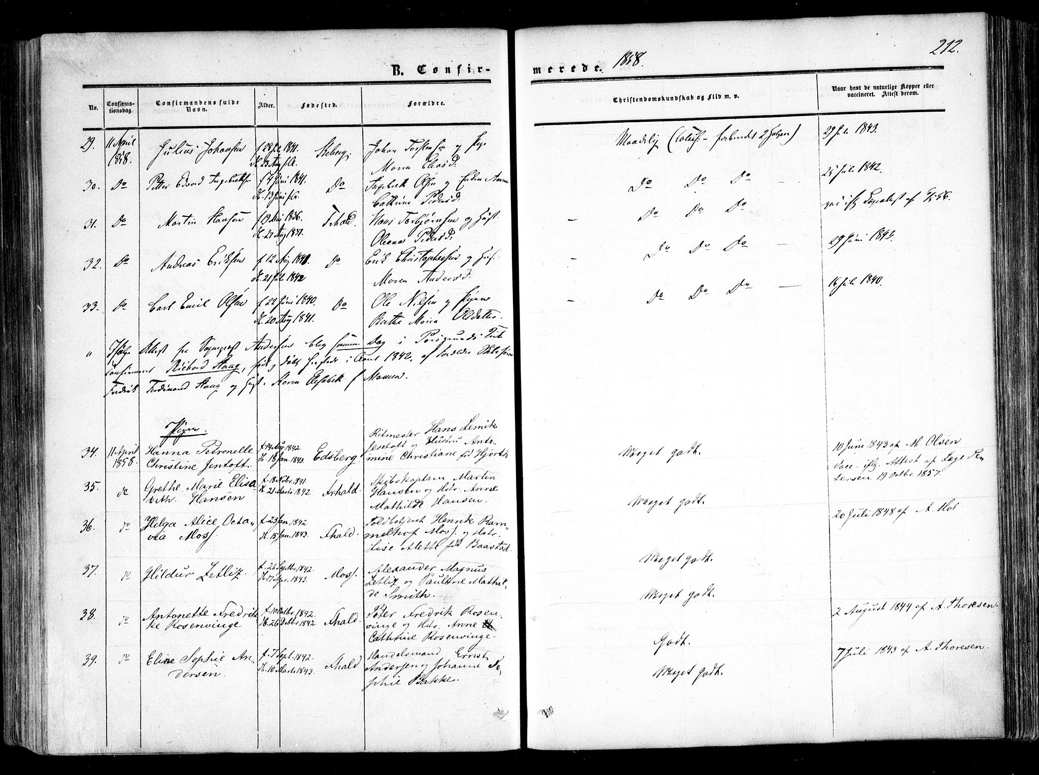 Halden prestekontor Kirkebøker, AV/SAO-A-10909/F/Fa/L0007: Parish register (official) no. I 7, 1857-1865, p. 212