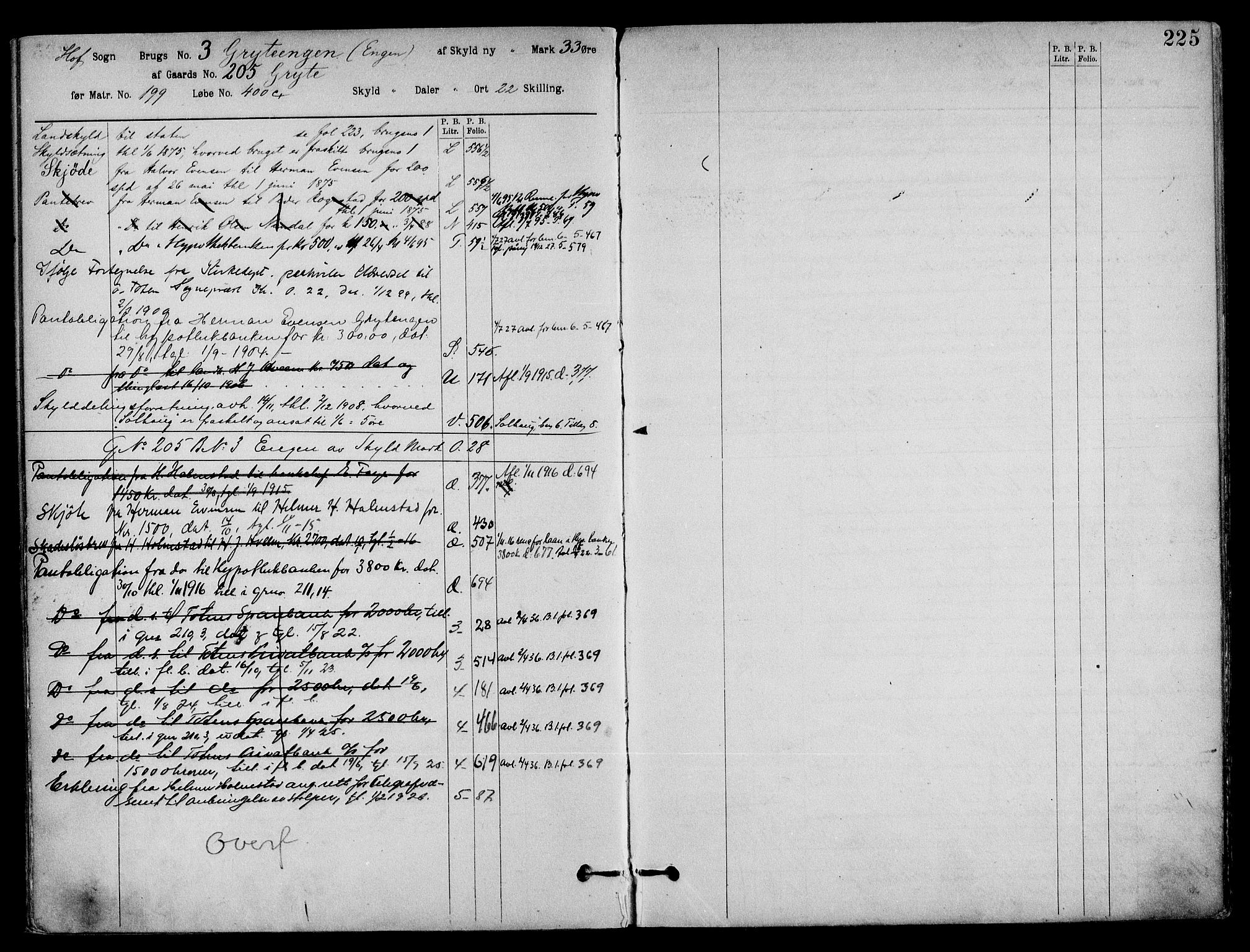 Toten tingrett, AV/SAH-TING-006/H/Ha/Haa/L0033: Mortgage register no. 33, 1908, p. 225