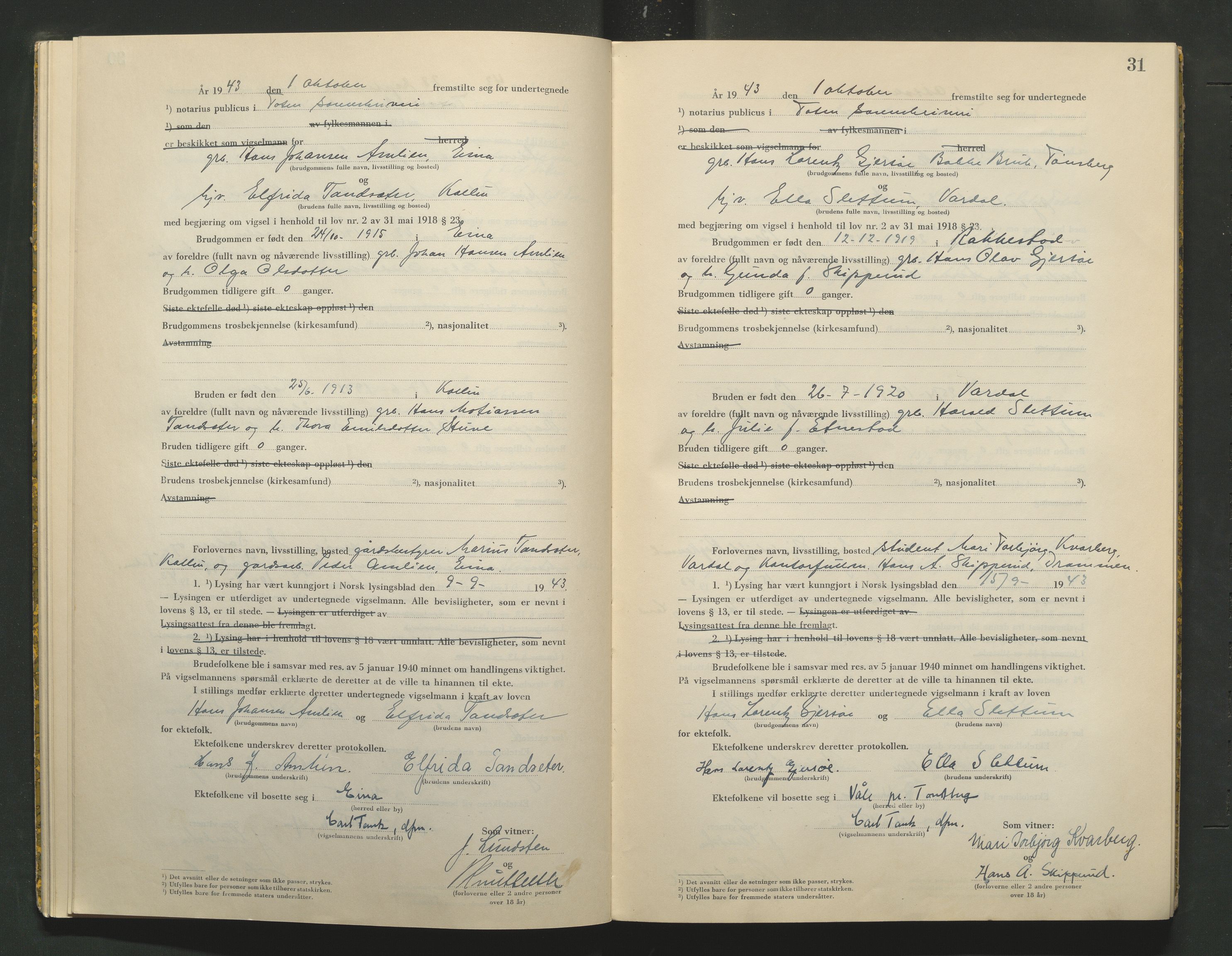 Toten tingrett, AV/SAH-TING-006/L/Lc/L0003: Vigselbok, 1943-1944, p. 31