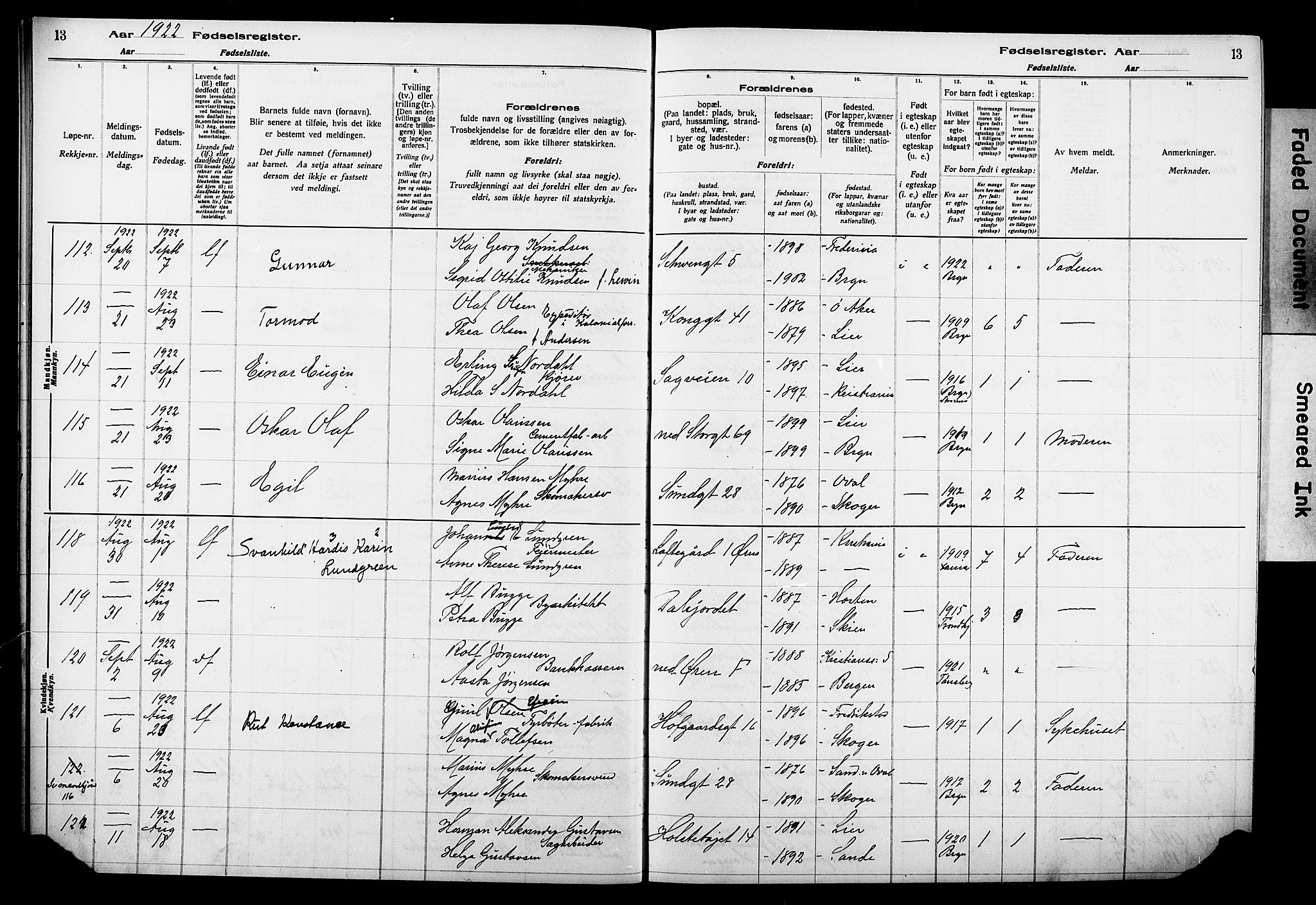 Bragernes kirkebøker, AV/SAKO-A-6/J/Ja/L0002: Birth register no. 2, 1922-1930, p. 13