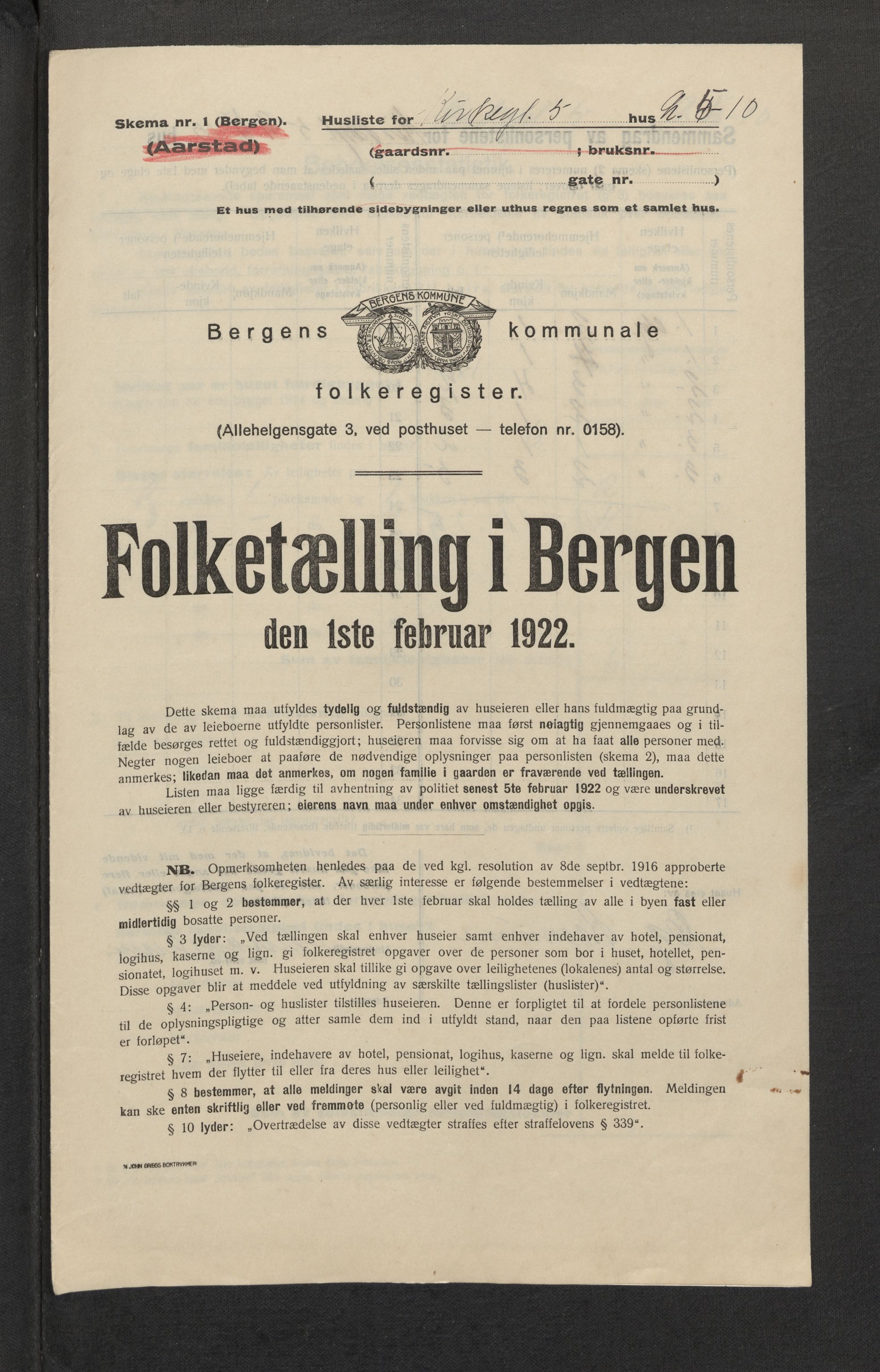SAB, Municipal Census 1922 for Bergen, 1922, p. 18070