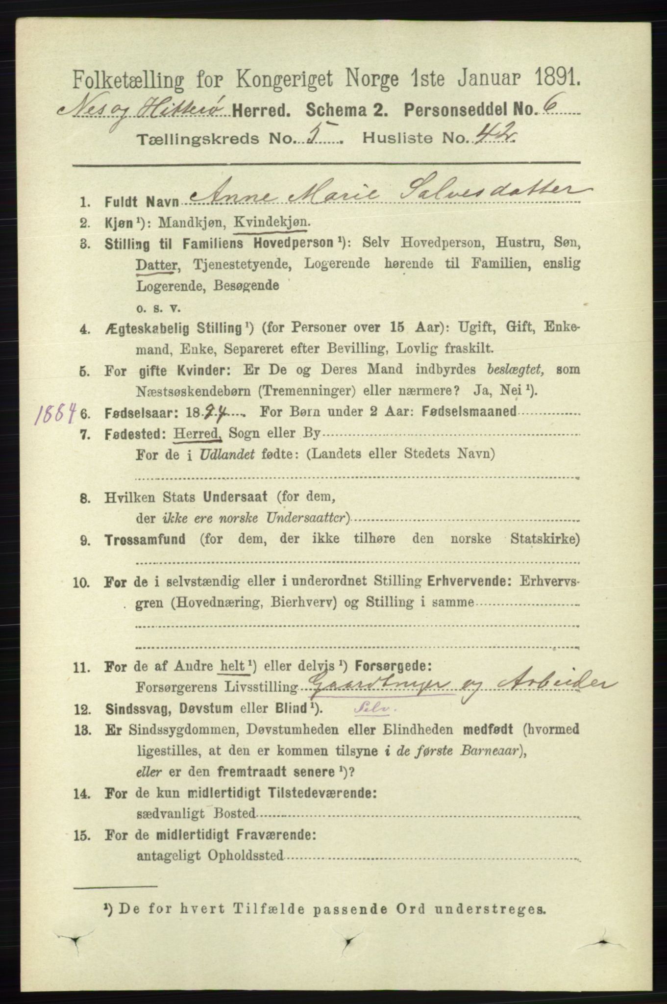 RA, 1891 census for 1043 Hidra og Nes, 1891, p. 2059