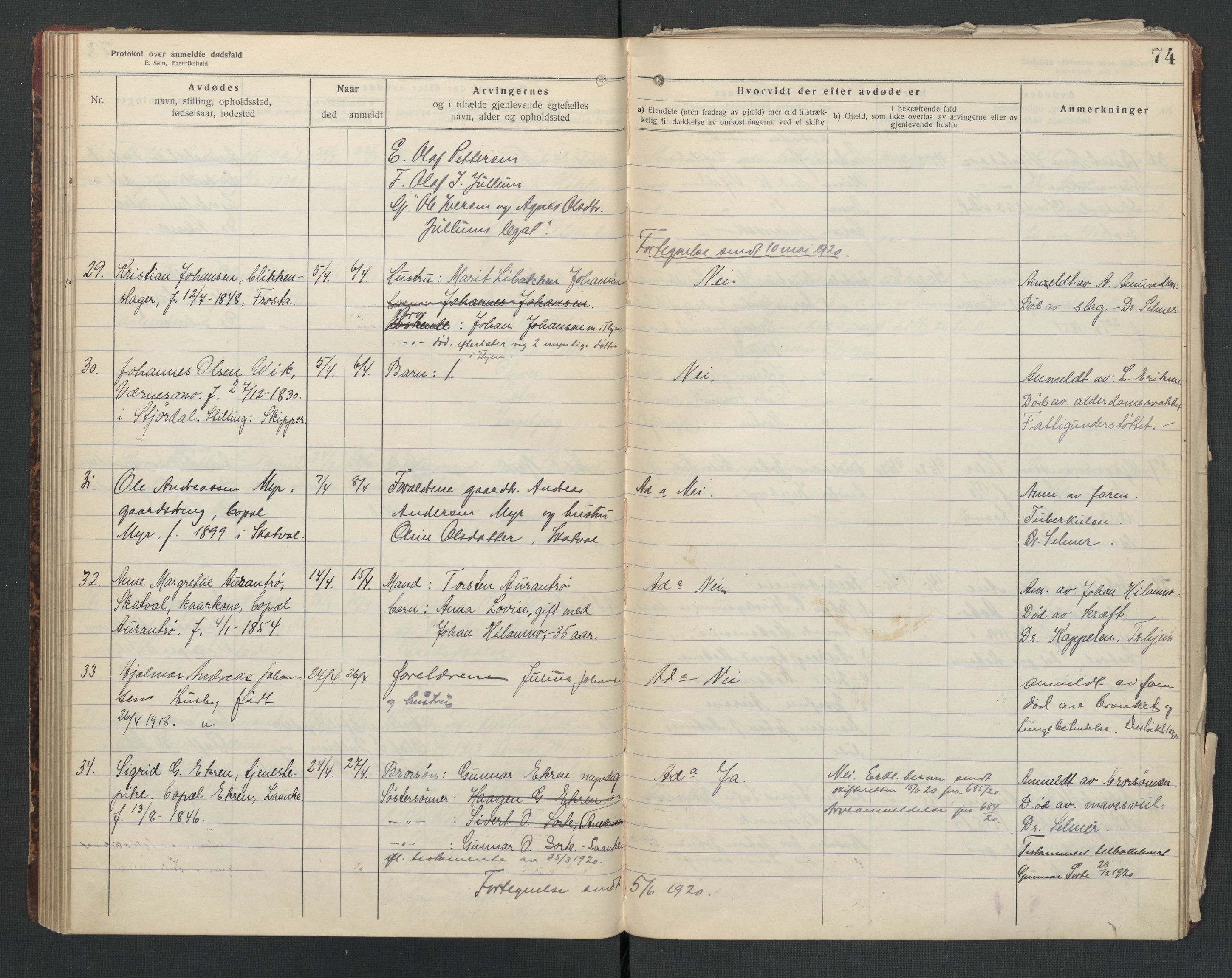 Nedre Stjørdal lensmannskontor, AV/SAT-A-1044/02/L0004: 2.01.04 Dødsfallsprotokoller, 1917-1921, p. 74