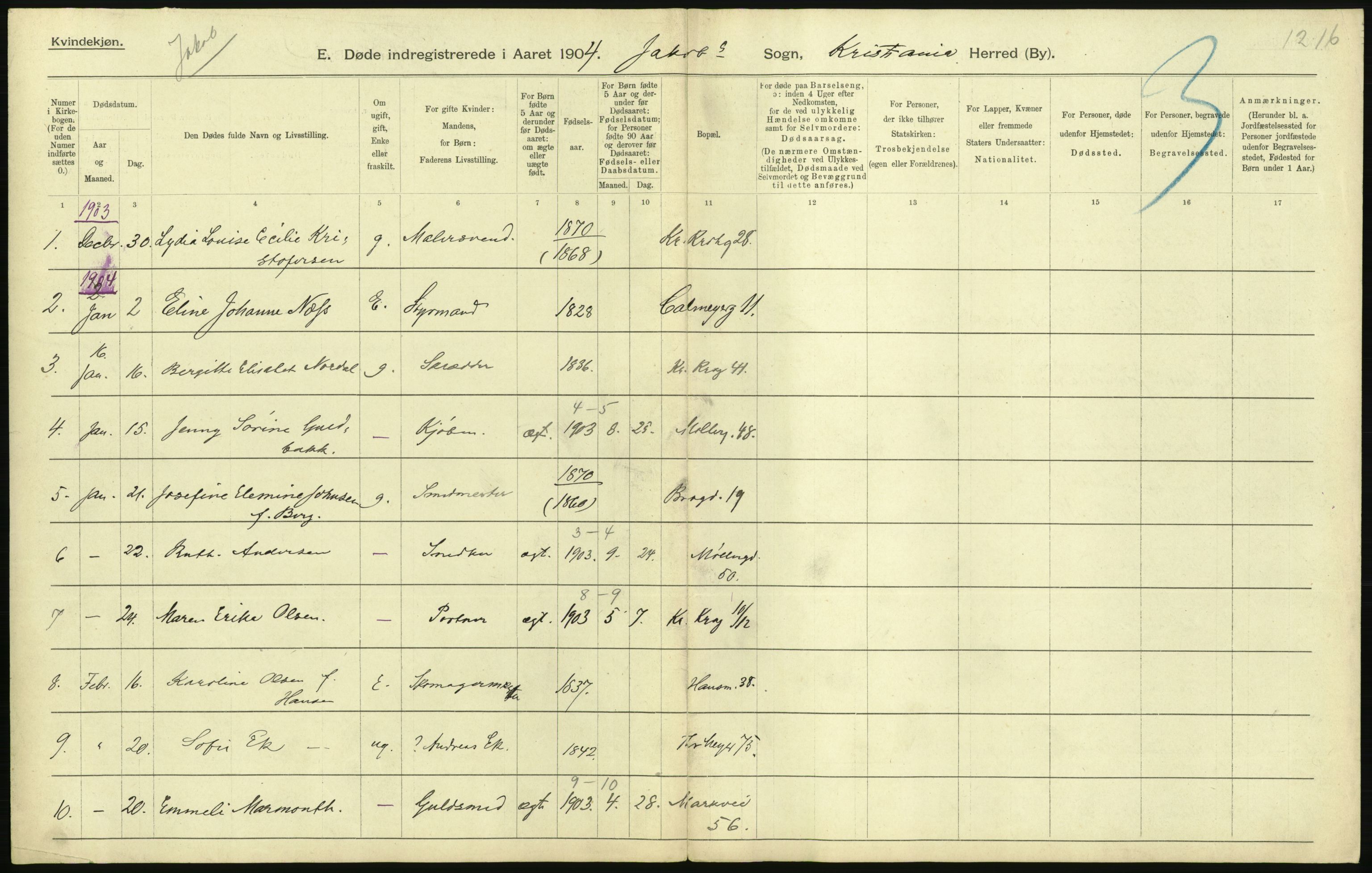 Statistisk sentralbyrå, Sosiodemografiske emner, Befolkning, RA/S-2228/D/Df/Dfa/Dfab/L0004: Kristiania: Gifte, døde, 1904, p. 383