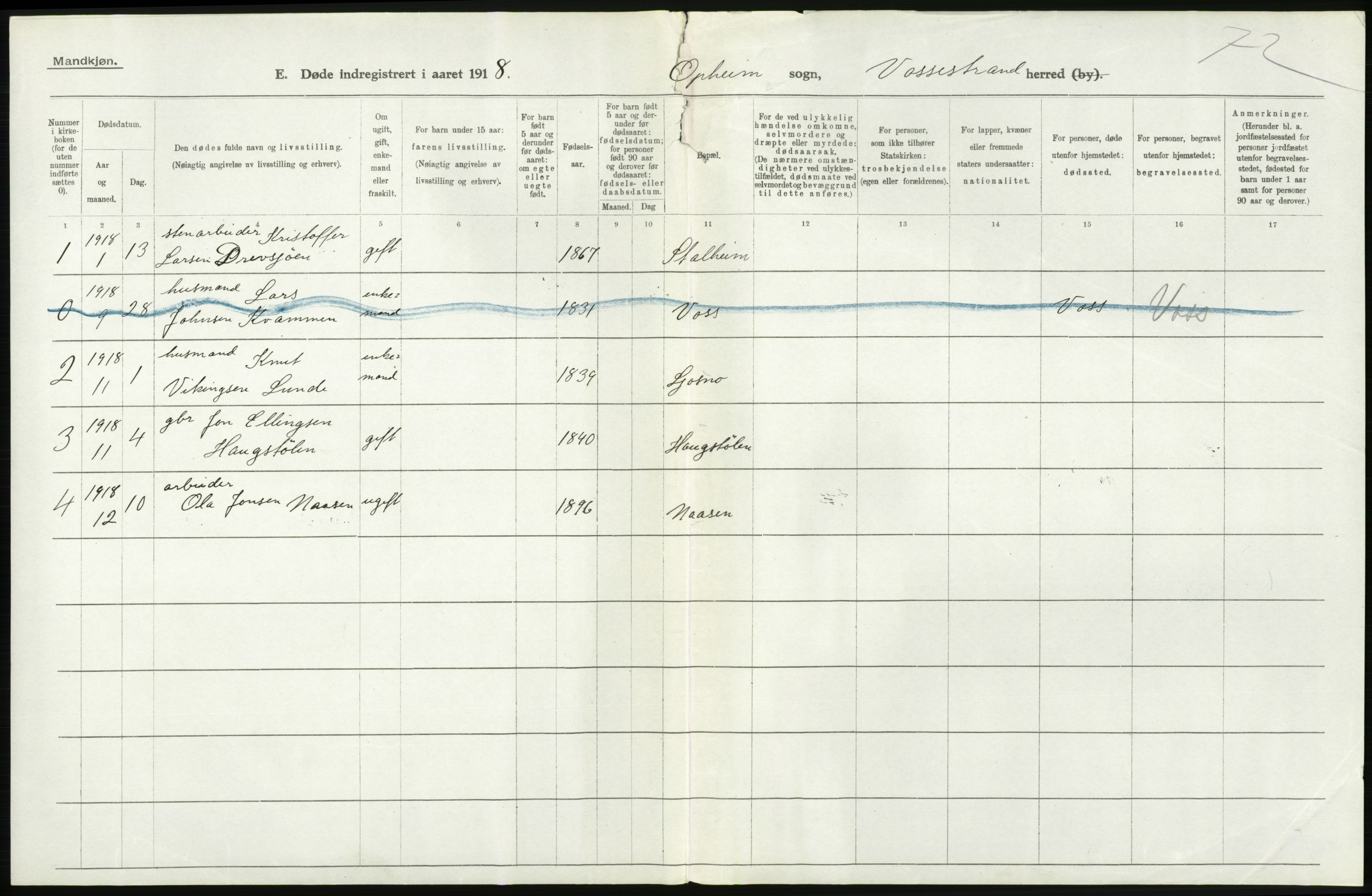 Statistisk sentralbyrå, Sosiodemografiske emner, Befolkning, AV/RA-S-2228/D/Df/Dfb/Dfbh/L0036: Hordaland fylke: Døde., 1918, p. 102