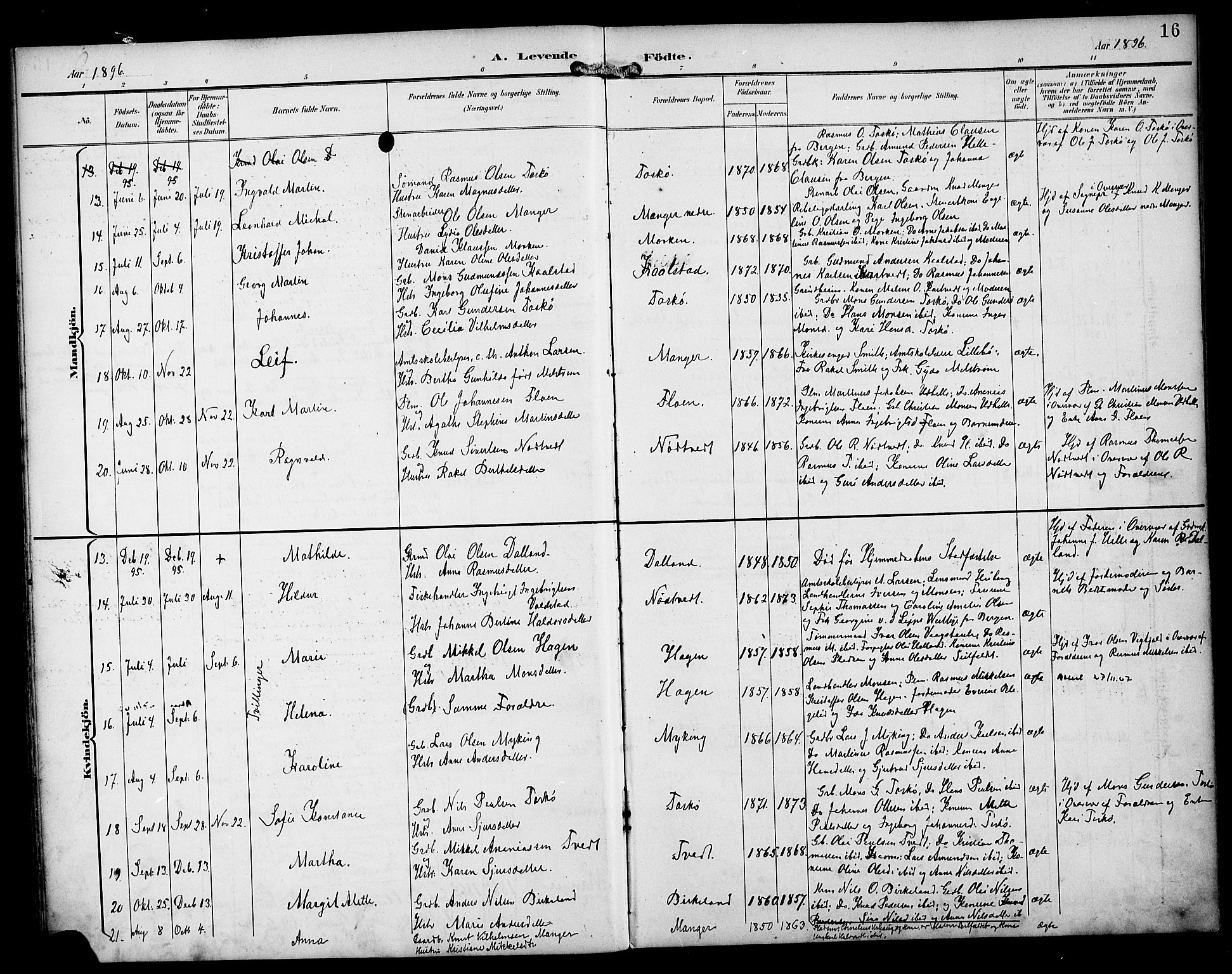 Manger sokneprestembete, SAB/A-76801/H/Haa: Parish register (official) no. B 2, 1893-1906, p. 16